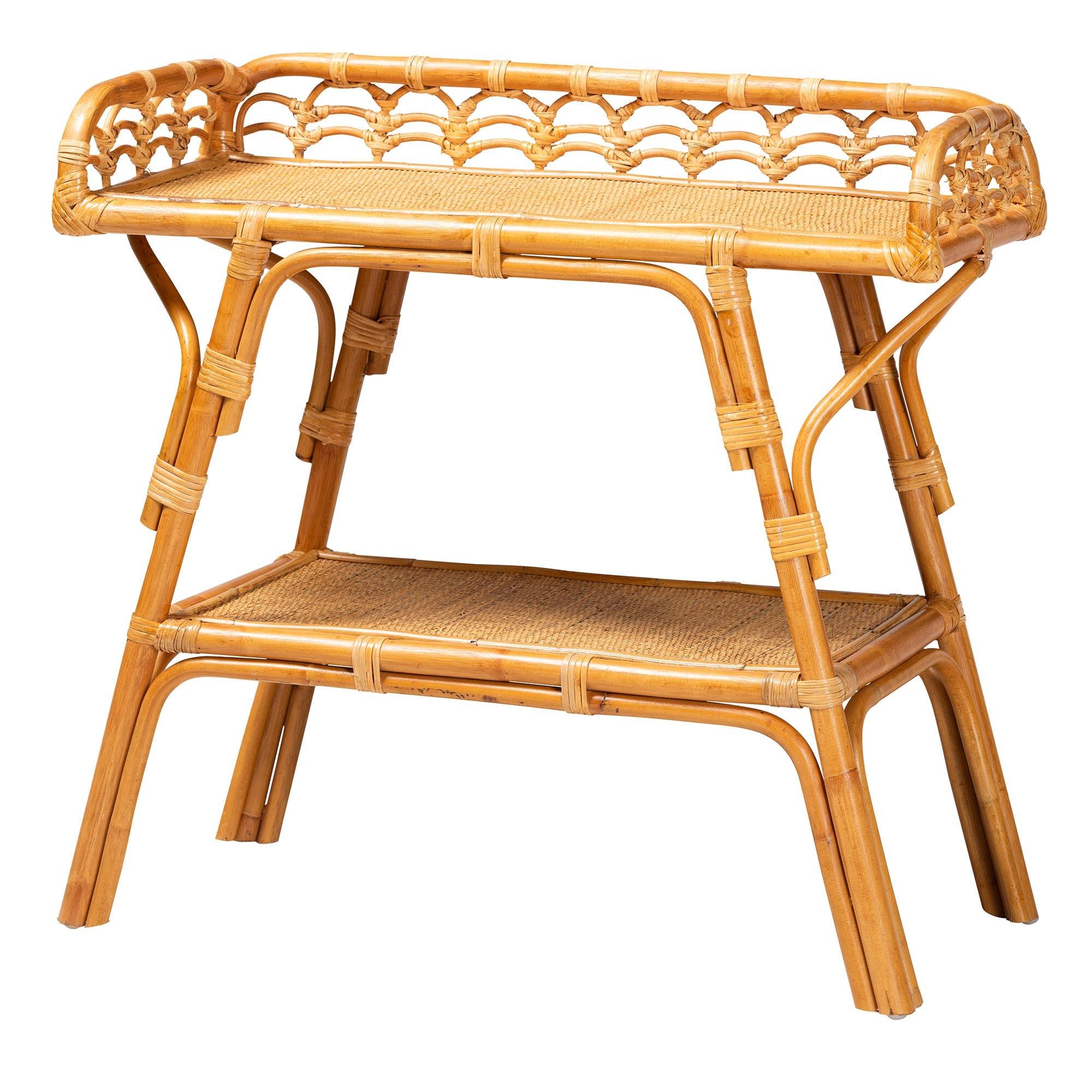 bali & pari Nayana Modern Bohemian Rattan 2-Tier Console Table