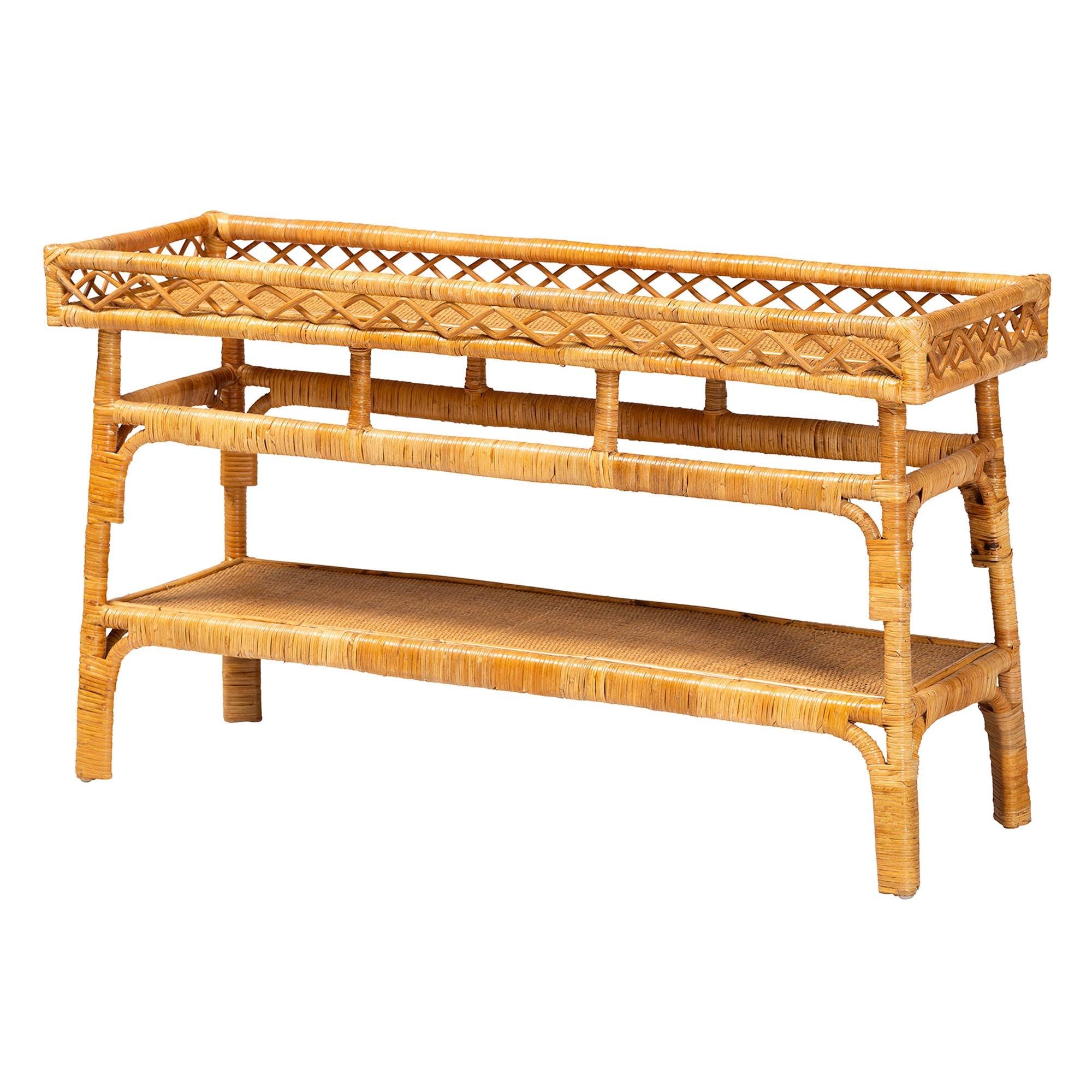 bali & pari Savitri Modern Bohemian Rattan 2-Tier Console Table