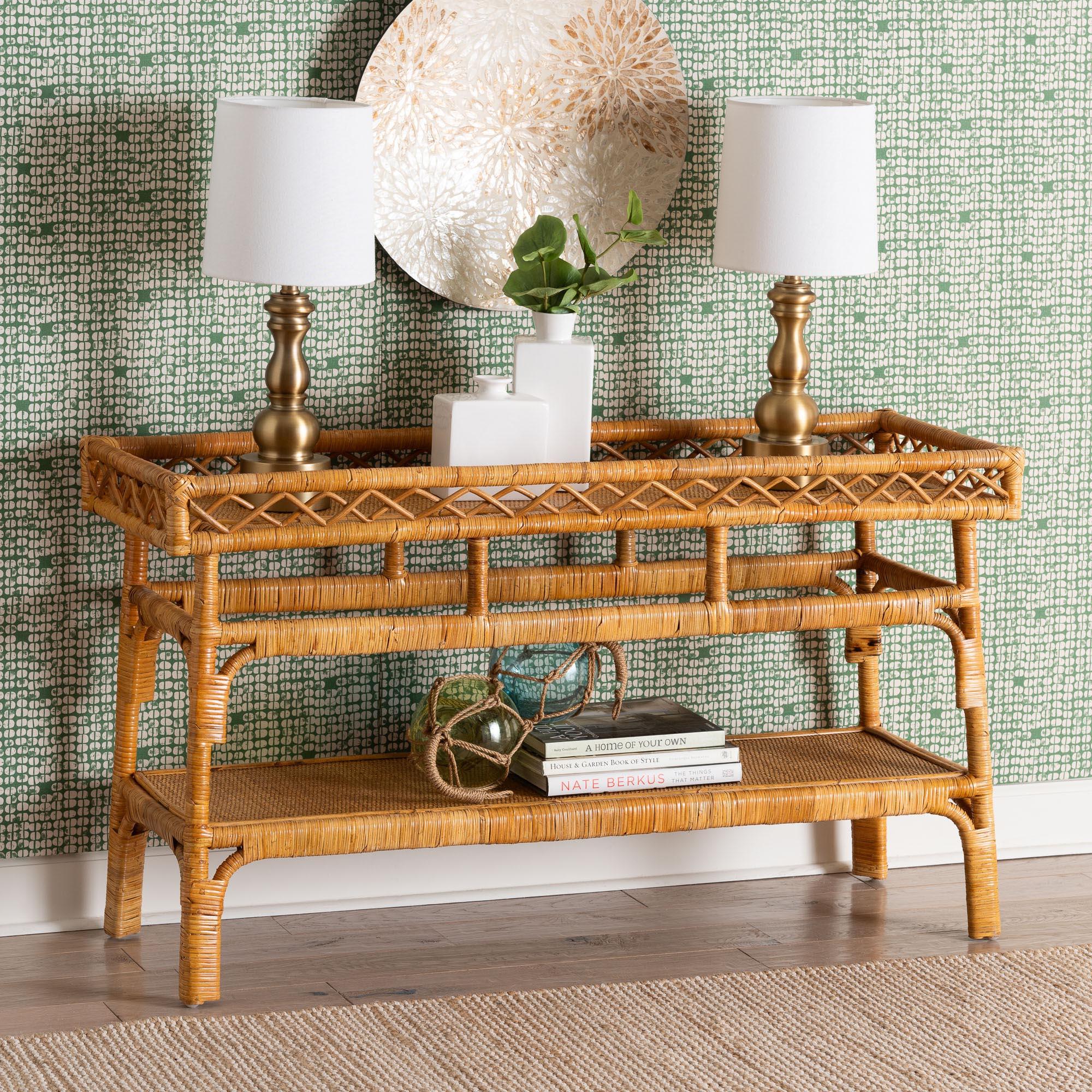 bali & pari Savitri Modern Bohemian Rattan 2-Tier Console Table