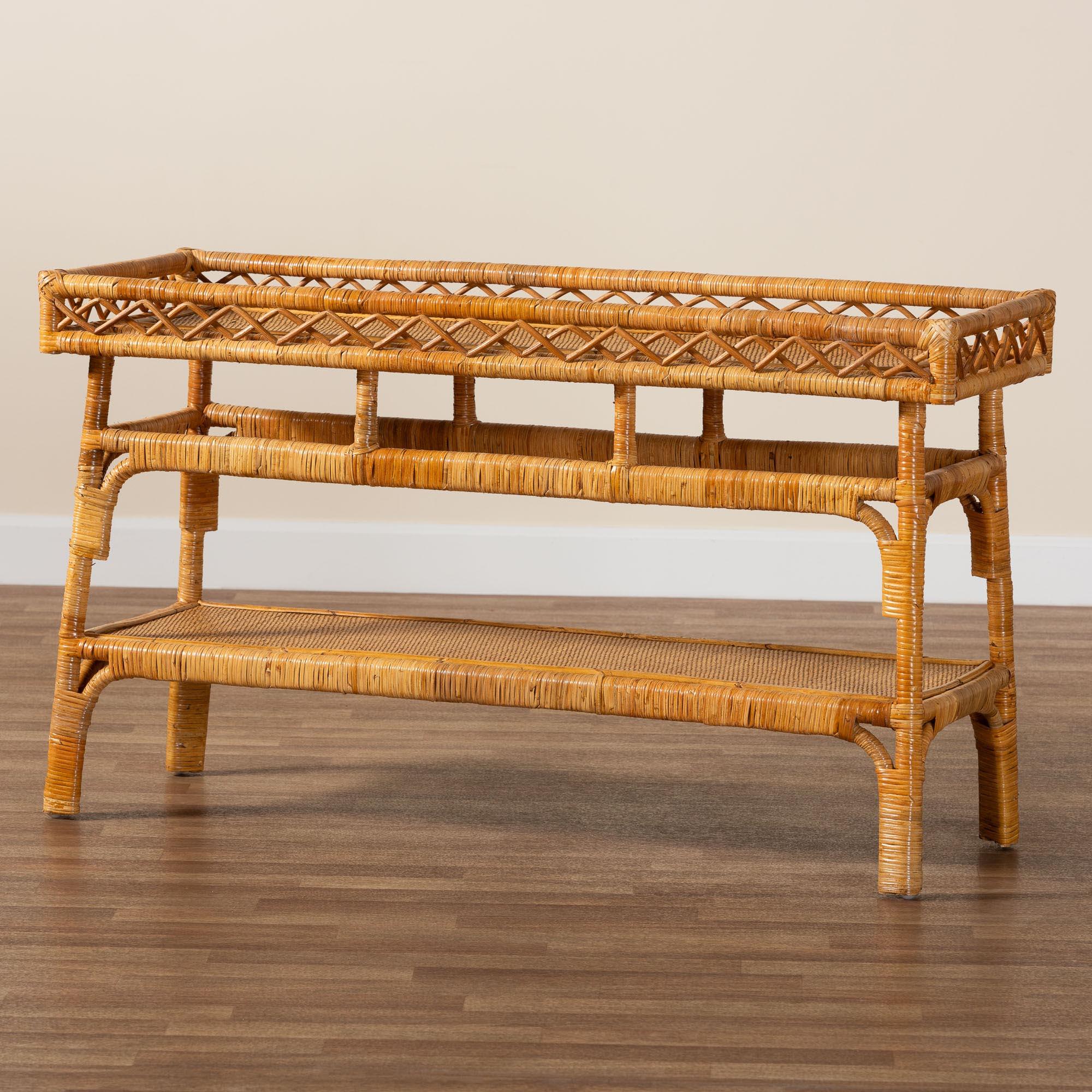 bali & pari Savitri Modern Bohemian Rattan 2-Tier Console Table