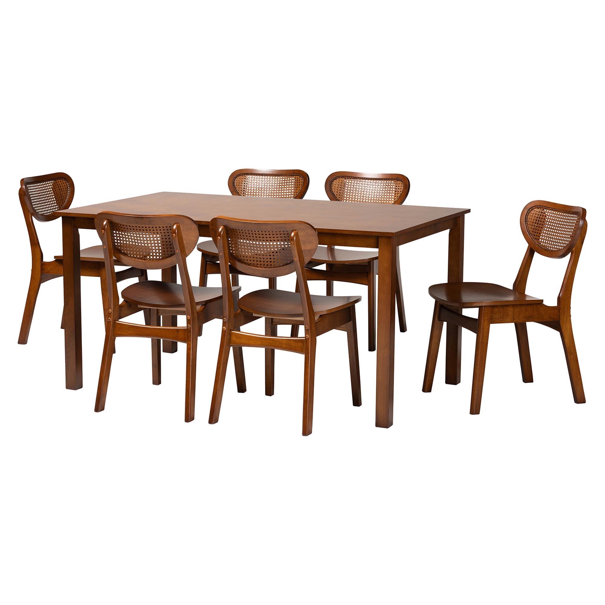 Jeriah Mid-Century Modern Finished Wood and Woven Rattan 7-Piece Dining Set