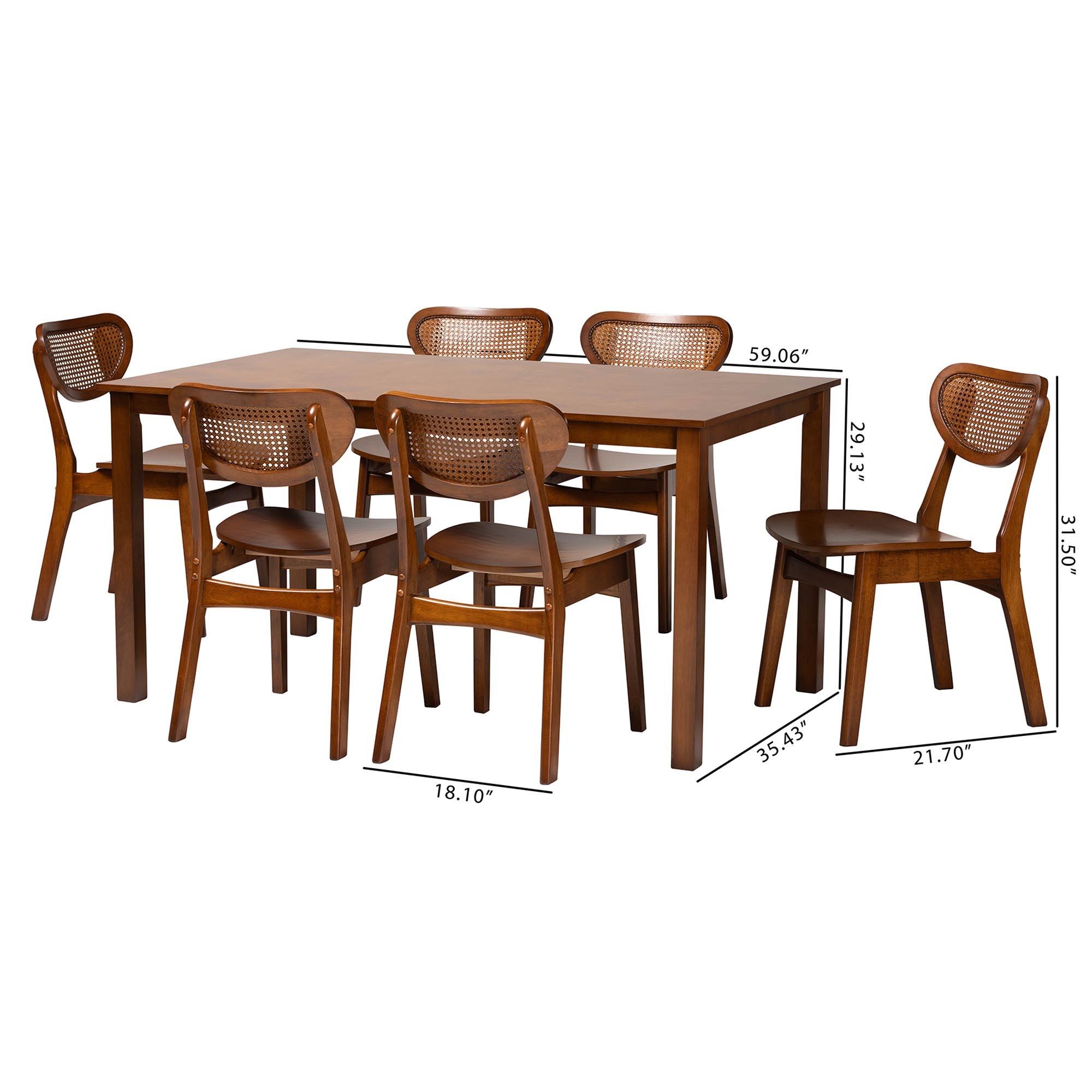 Jeriah Mid-Century Modern Finished Wood and Woven Rattan 7-Piece Dining Set