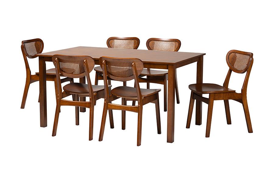 Jeriah Mid-Century Modern Finished Wood and Woven Rattan 7-Piece Dining Set