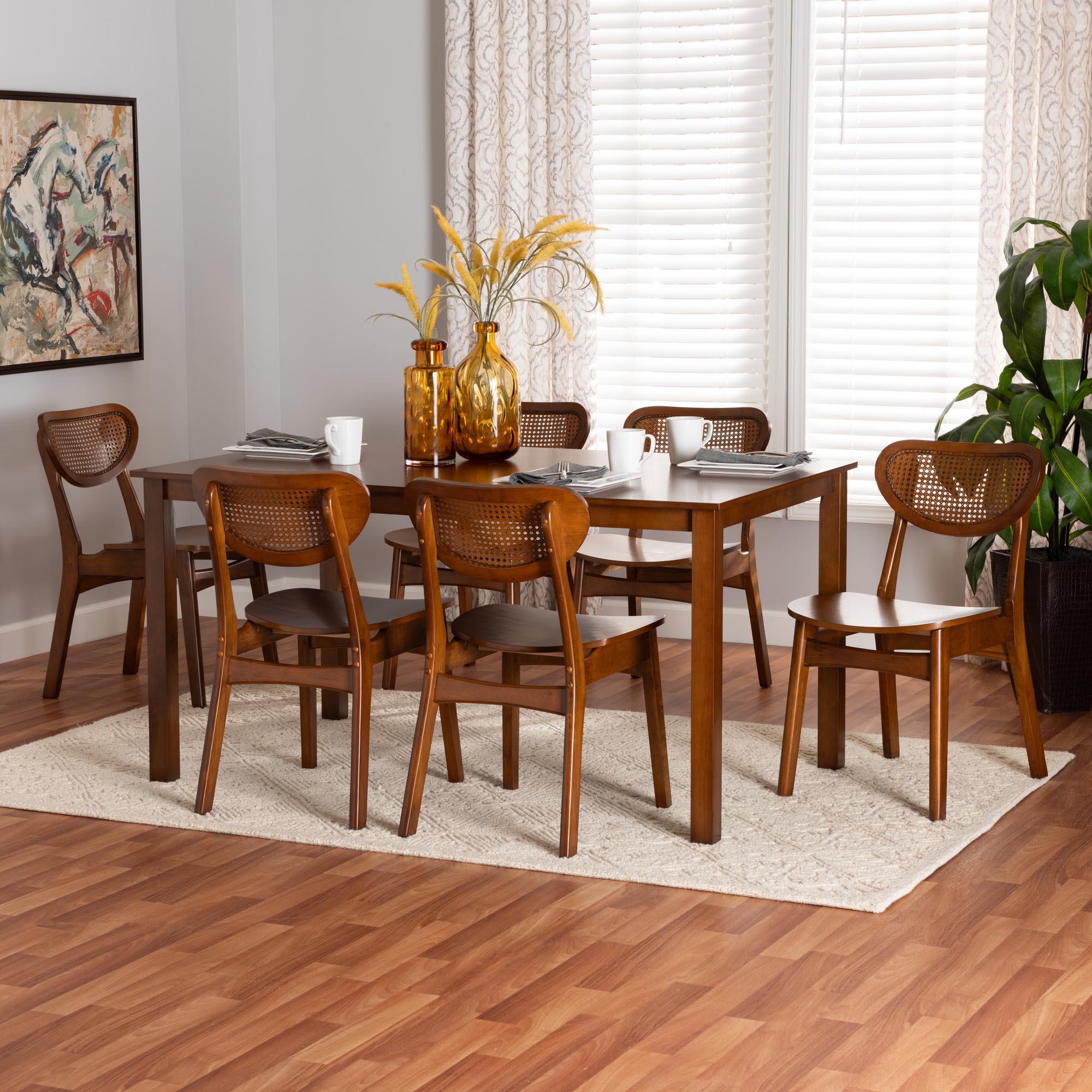 Jeriah Mid-Century Modern Finished Wood and Woven Rattan 7-Piece Dining Set