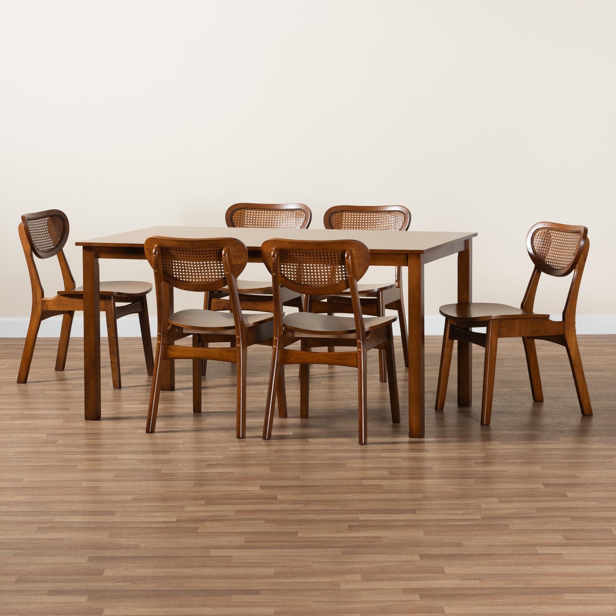 Jeriah Mid-Century Modern Finished Wood and Woven Rattan 7-Piece Dining Set