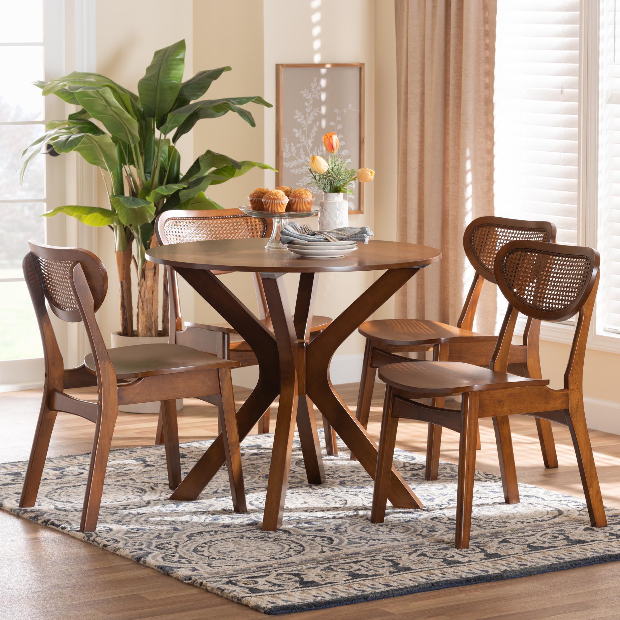 Giuliana Mid-Century Modern Finished Wood and Woven Rattan 5-Piece Dining Set