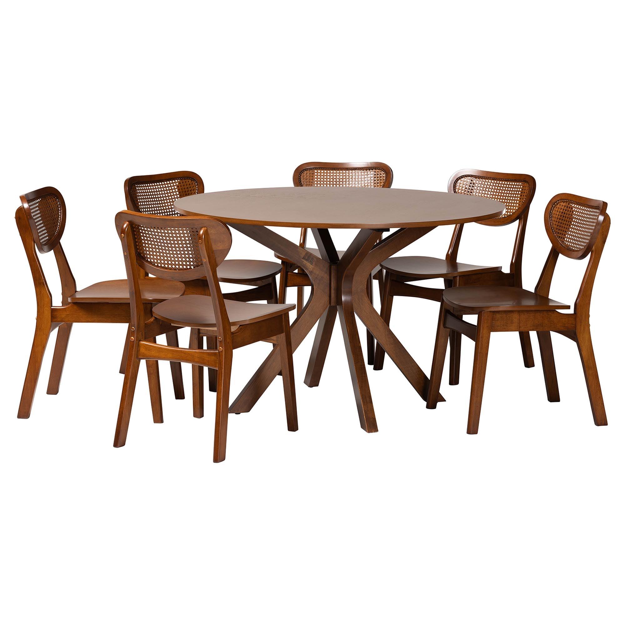 Giuliana Mid-Century Modern Finished Wood and Woven Rattan 7-Piece Dining Set