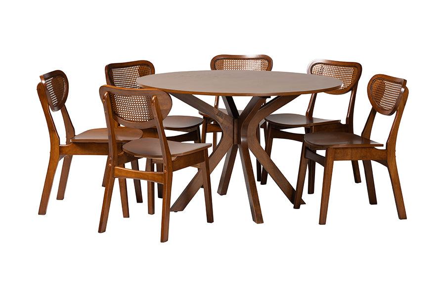 Giuliana Mid-Century Modern Finished Wood and Woven Rattan 7-Piece Dining Set