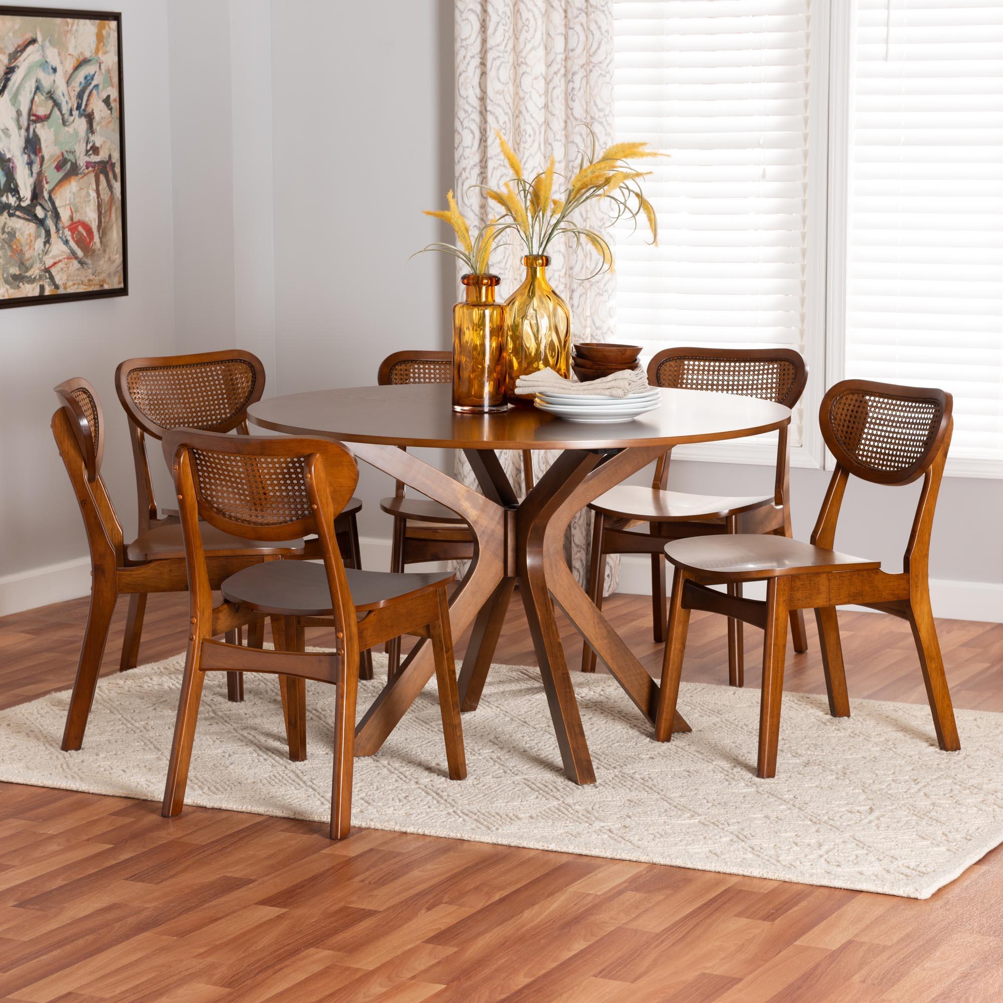 Giuliana Mid-Century Modern Finished Wood and Woven Rattan 7-Piece Dining Set