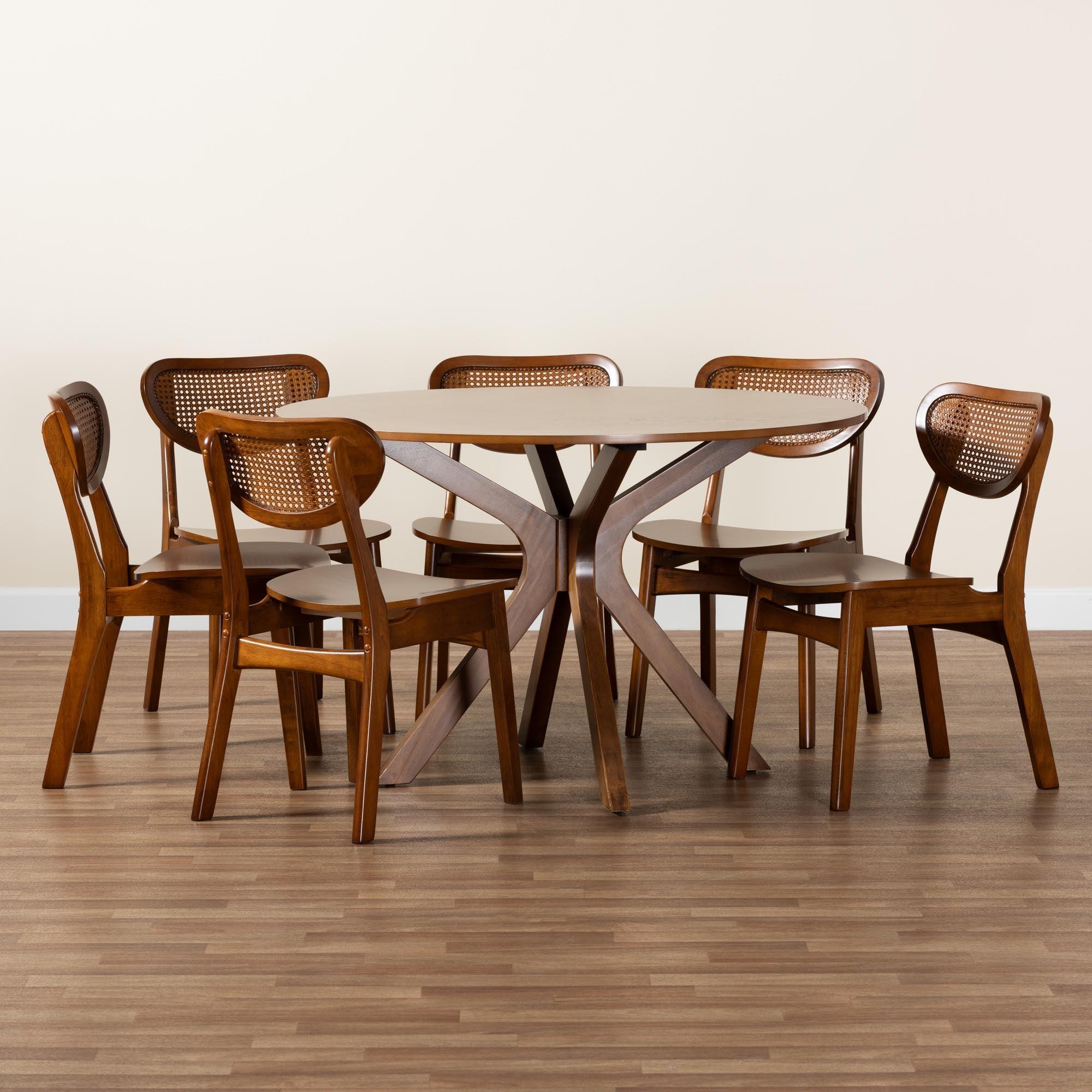 Giuliana Mid-Century Modern Finished Wood and Woven Rattan 7-Piece Dining Set