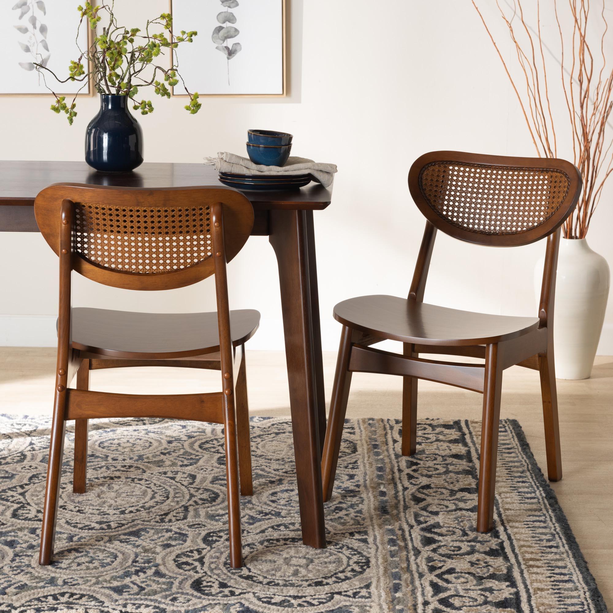 Hesper Mid-Century Modern Finished Wood and Rattan 2-Piece Dining Chair Set