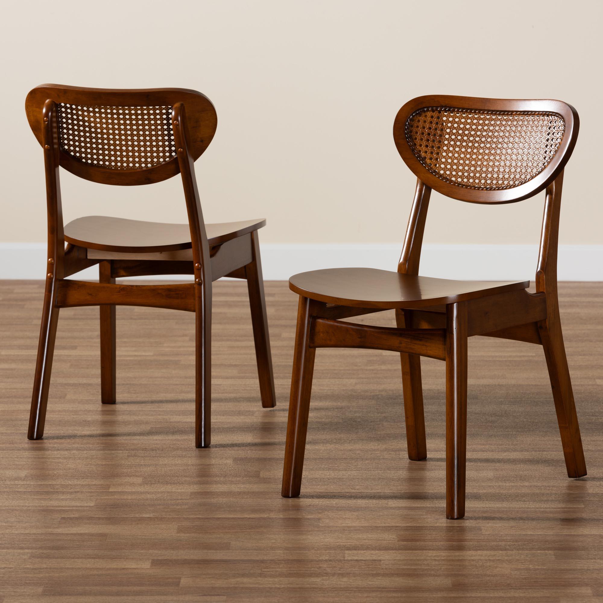 Hesper Mid-Century Modern Finished Wood and Rattan 2-Piece Dining Chair Set