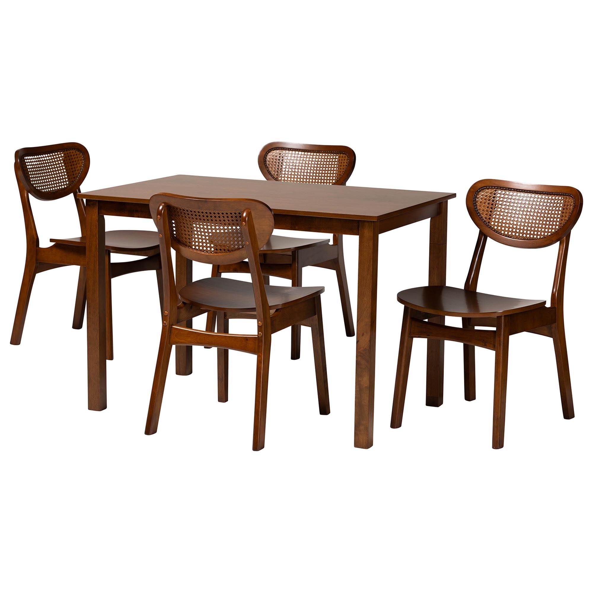 Jeriah Mid-Century Modern Finished Wood and Woven Rattan 5-Piece Dining Set