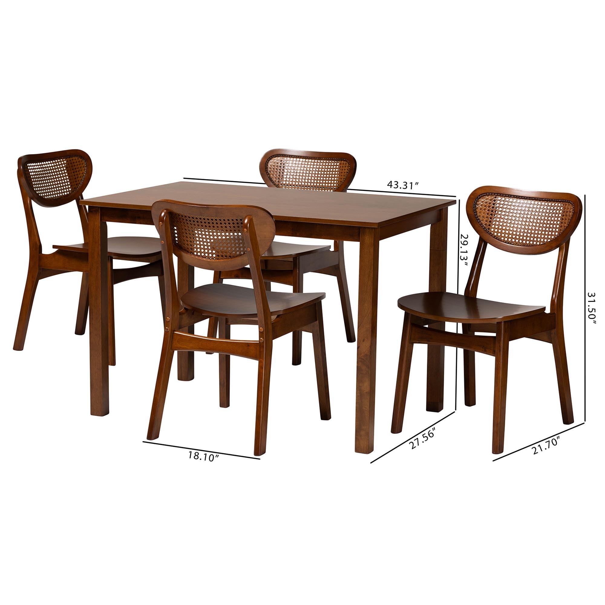 Jeriah Mid-Century Modern Finished Wood and Woven Rattan 5-Piece Dining Set