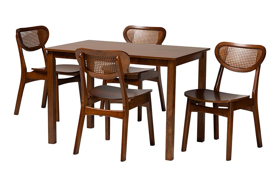 Jeriah Mid-Century Modern Finished Wood and Woven Rattan 5-Piece Dining Set