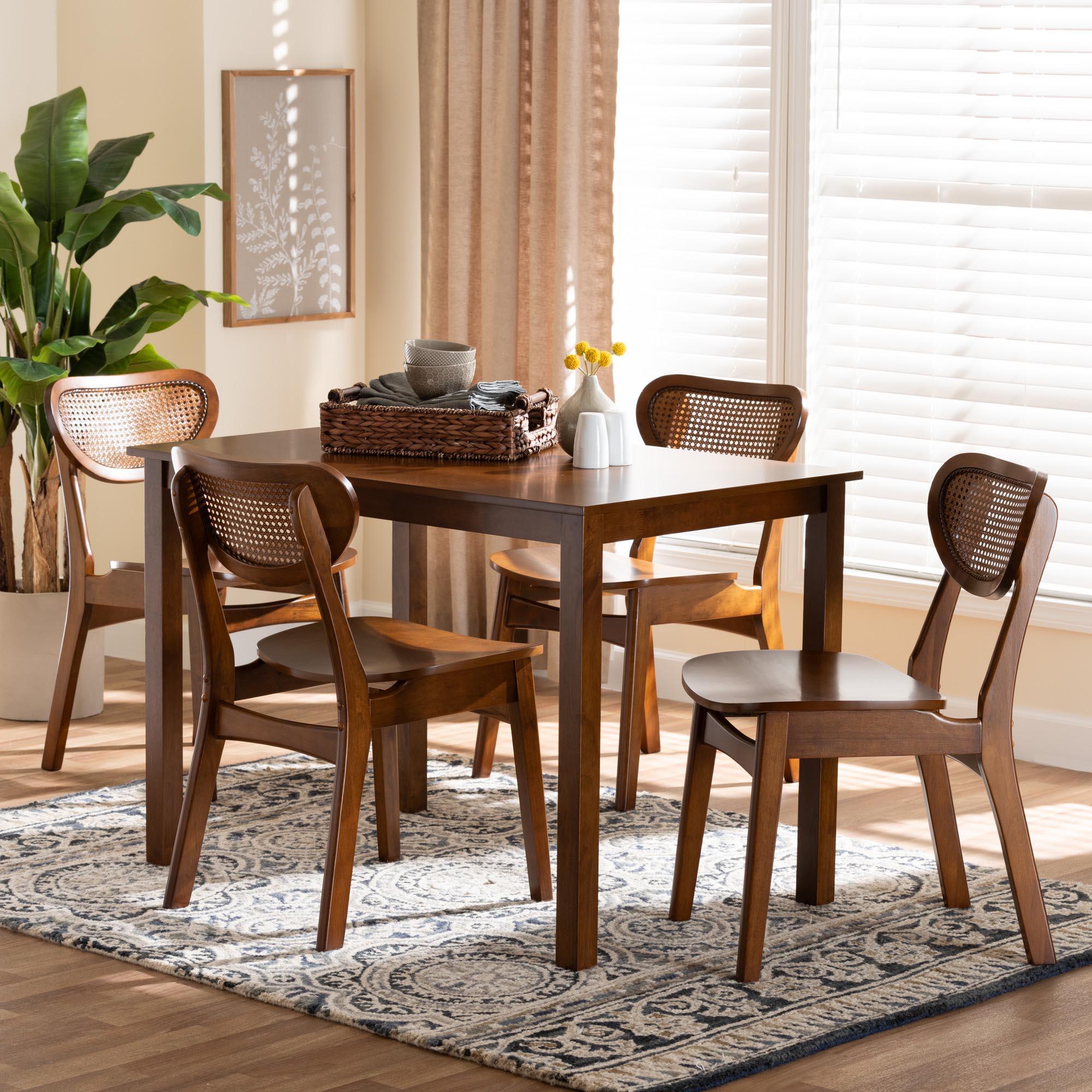 Jeriah Mid-Century Modern Finished Wood and Woven Rattan 5-Piece Dining Set