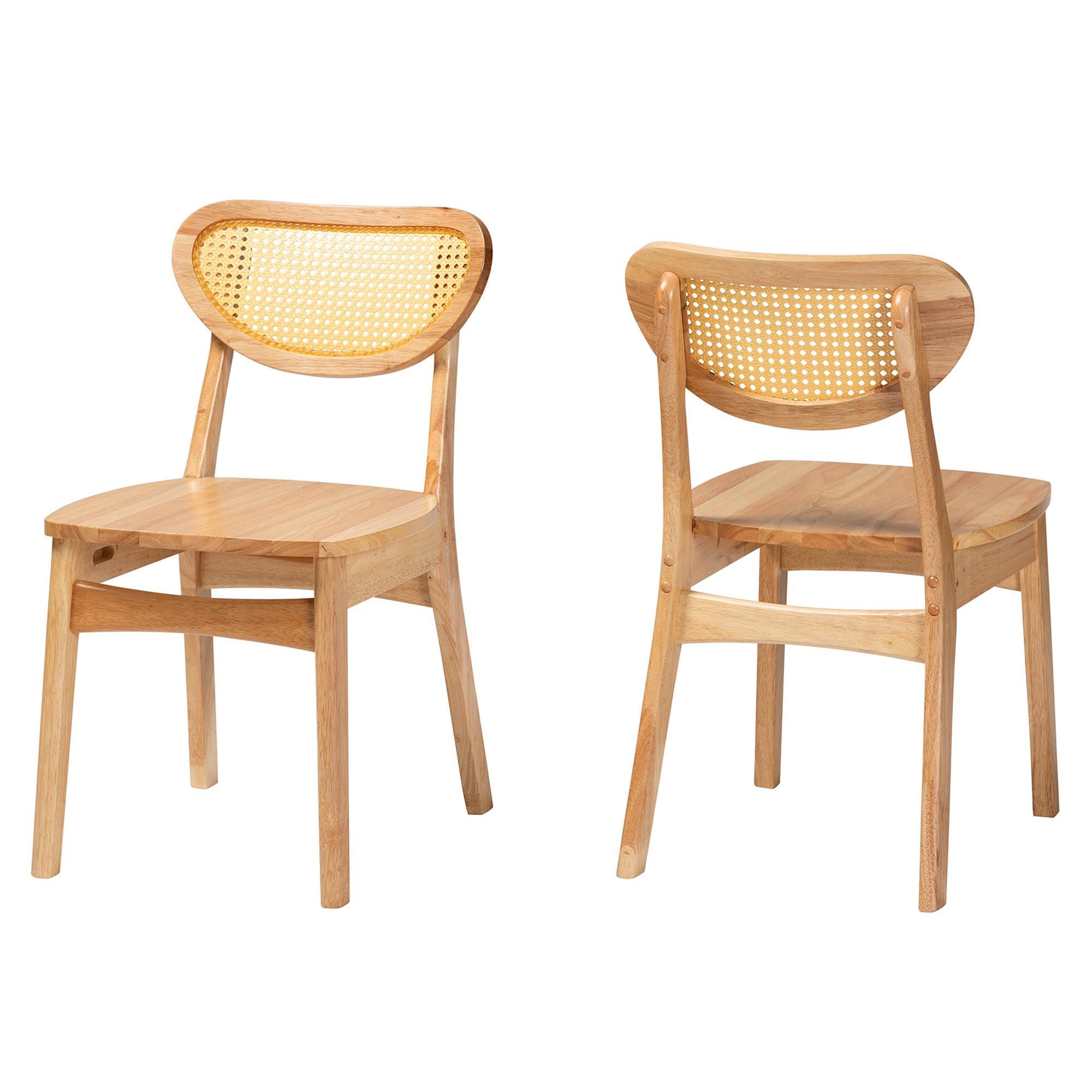 Nenet Mid-Century Modern Finished Wood and Rattan 2-Piece Dining Chair Set