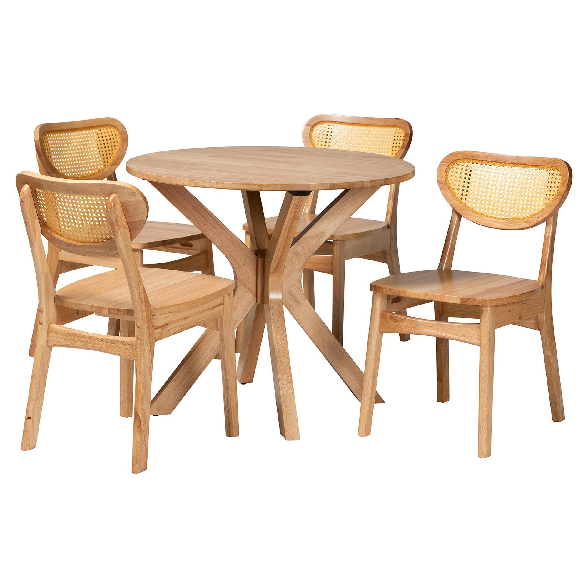 Donato Mid-Century Modern Finished Wood and Rattan 5-Piece Dining Set