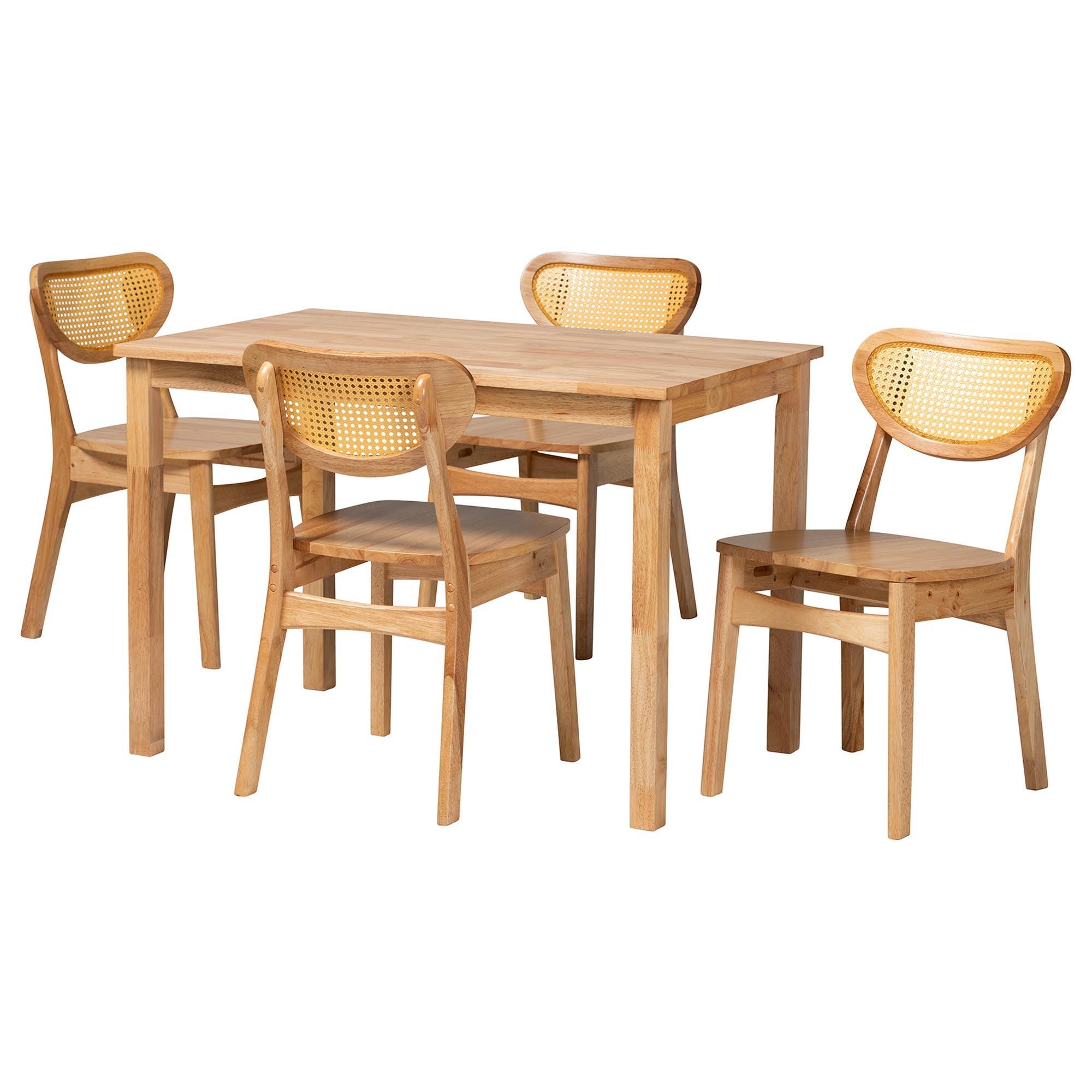 Haviland Mid-Century Modern Finished Wood and Rattan 5-Piece Dining Set