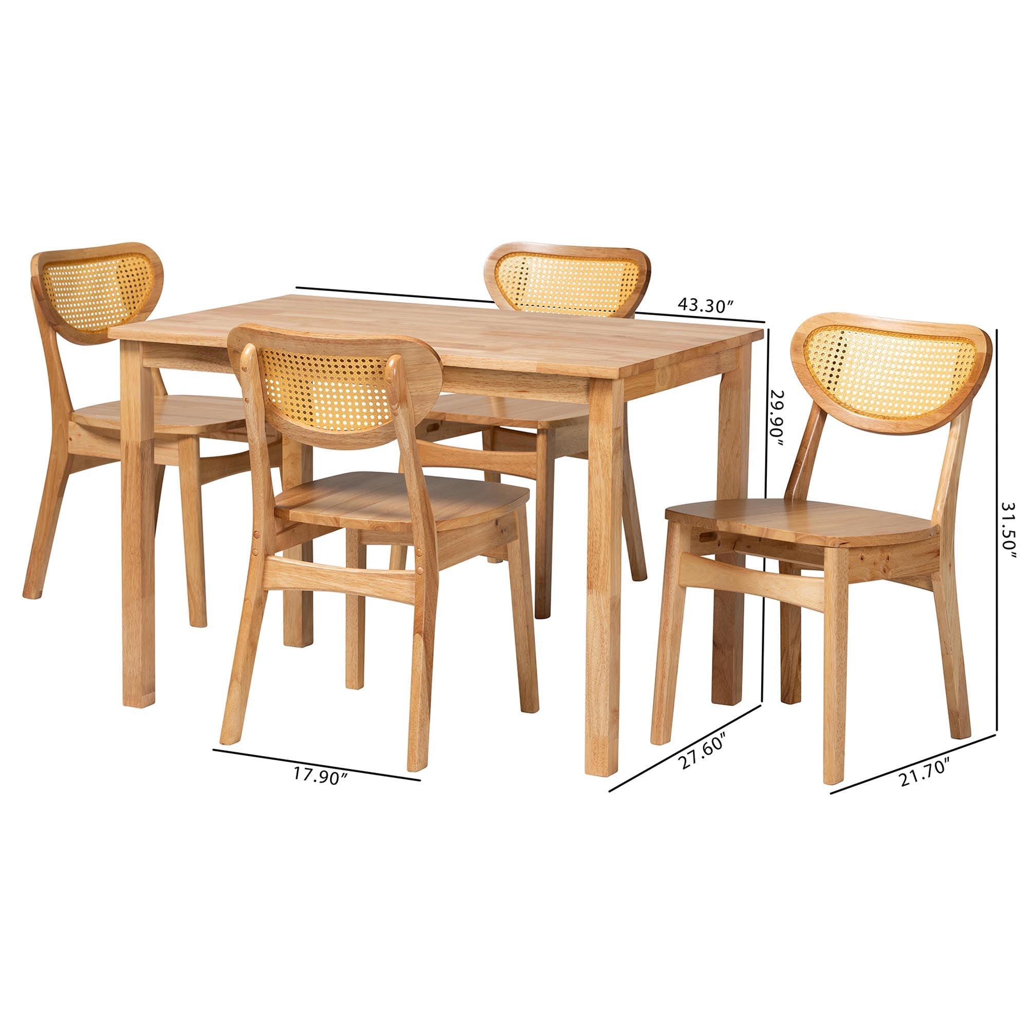 Haviland Mid-Century Modern Finished Wood and Rattan 5-Piece Dining Set