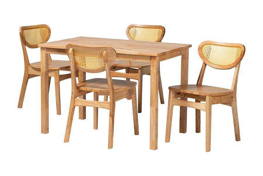 Haviland Mid-Century Modern Finished Wood and Rattan 5-Piece Dining Set