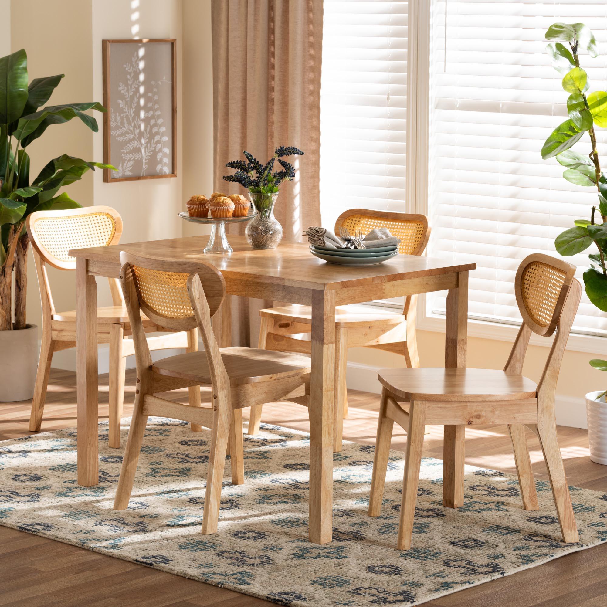 Haviland Mid-Century Modern Finished Wood and Rattan 5-Piece Dining Set