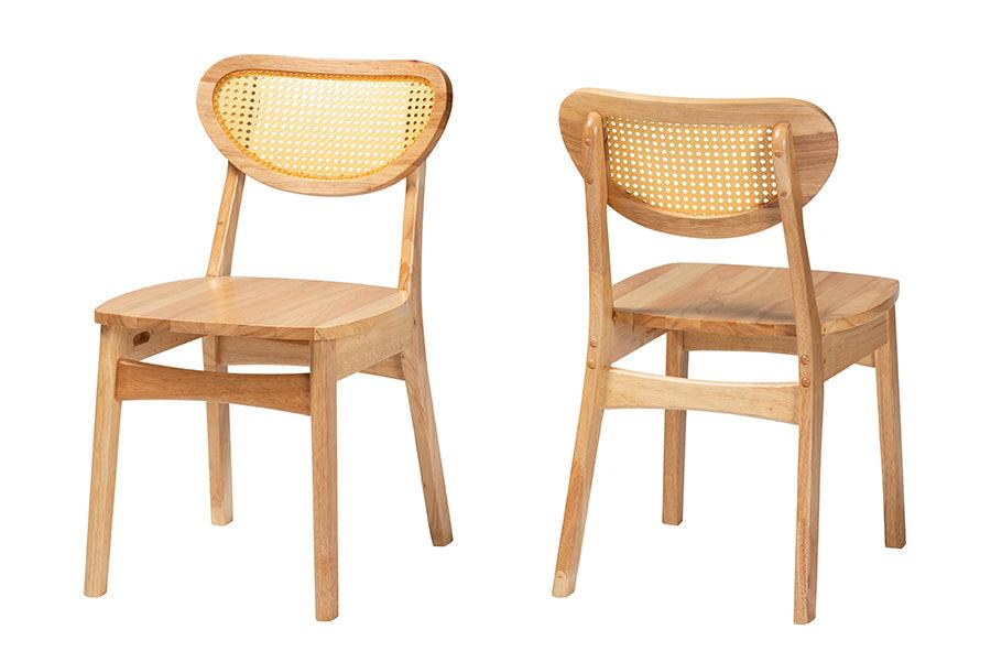 Nenet Mid-Century Modern Finished Wood and Rattan 2-Piece Dining Chair Set