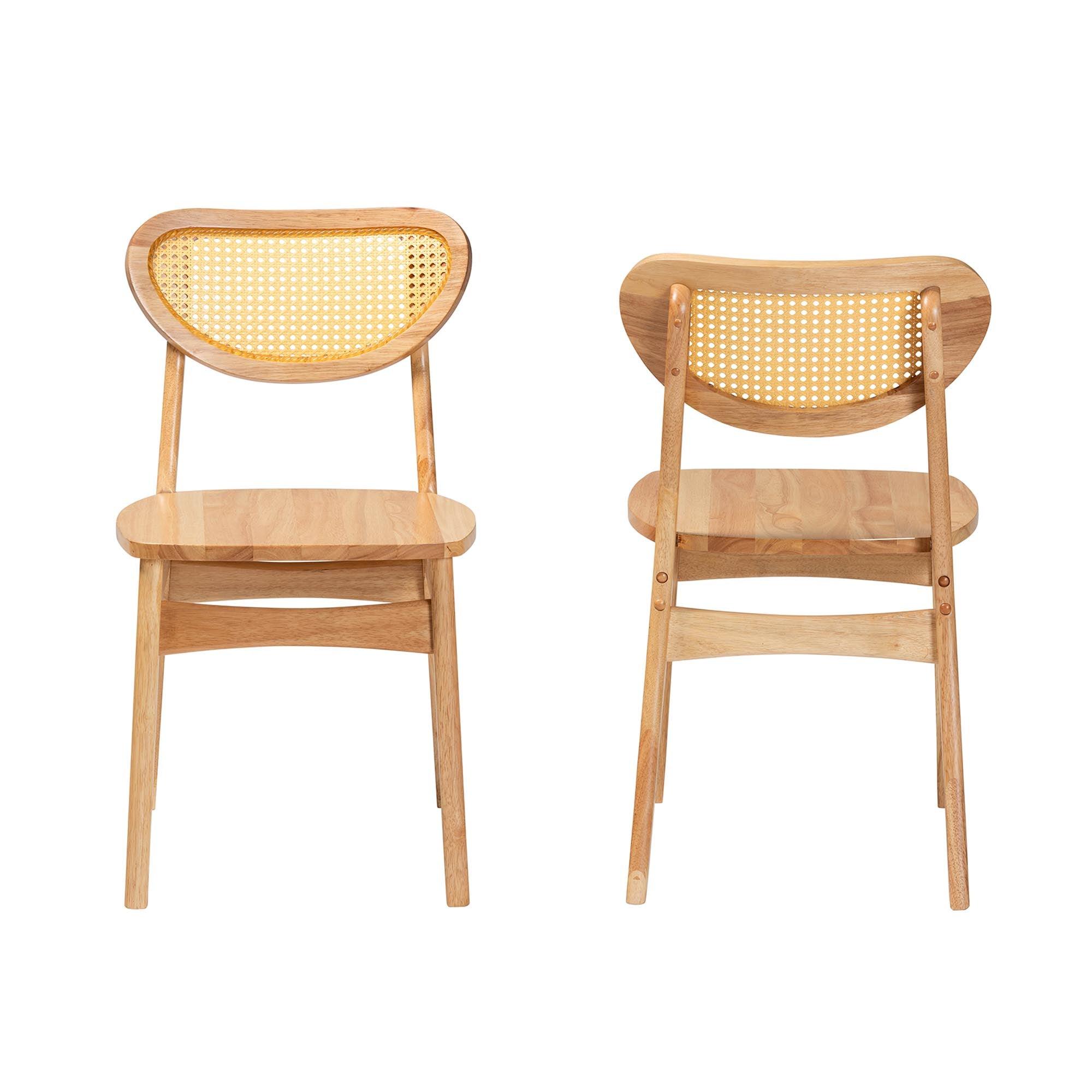 Nenet Mid-Century Modern Finished Wood and Rattan 2-Piece Dining Chair Set