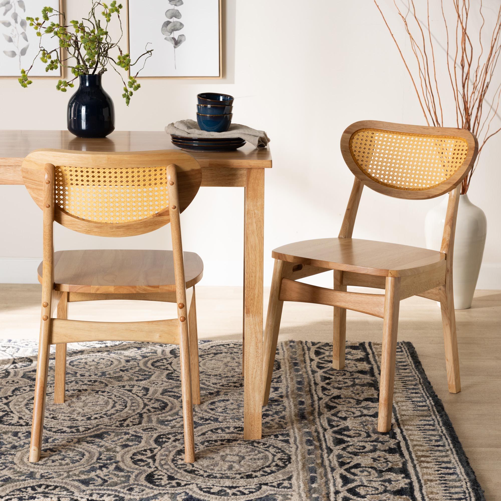 Nenet Mid-Century Modern Finished Wood and Rattan 2-Piece Dining Chair Set