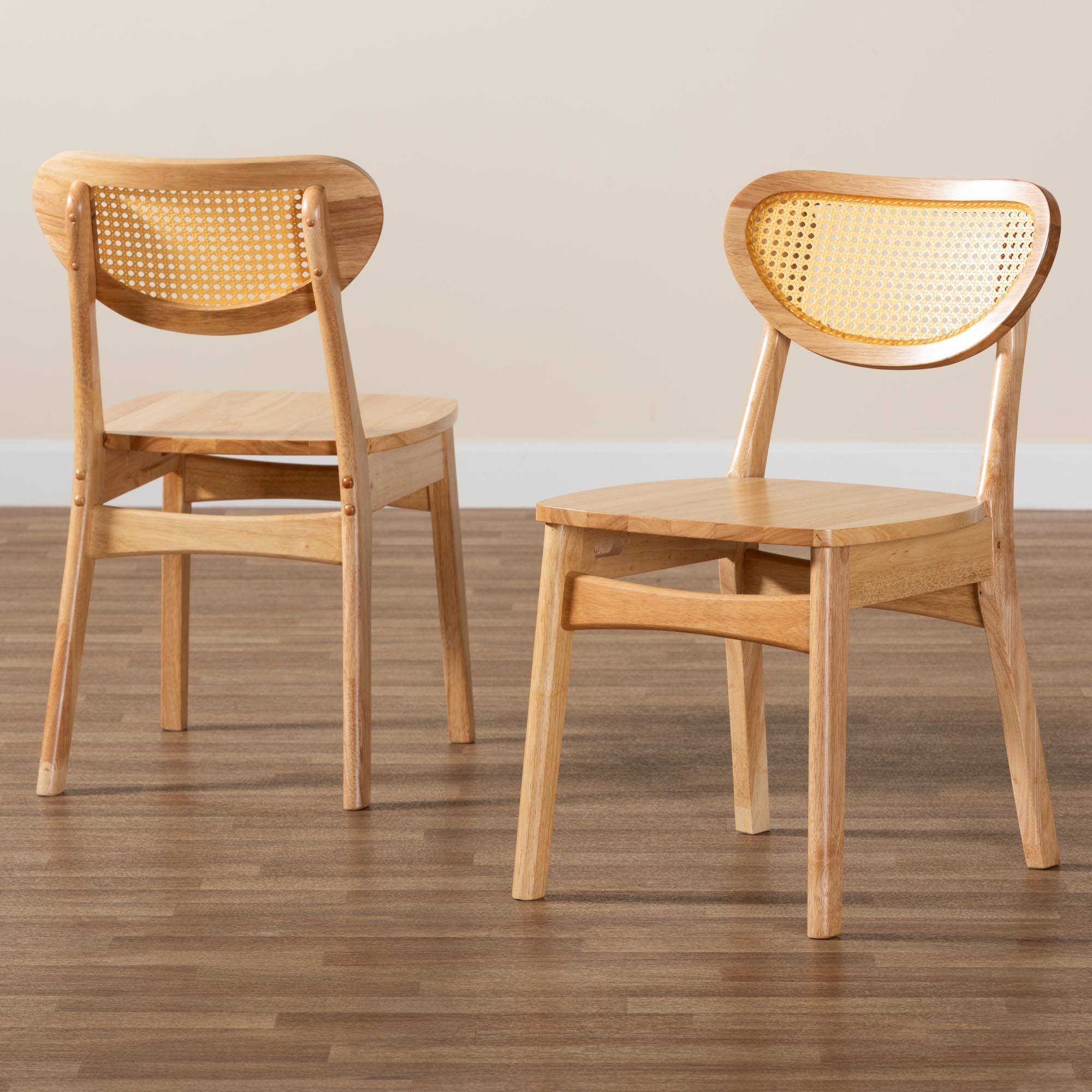 Nenet Mid-Century Modern Finished Wood and Rattan 2-Piece Dining Chair Set