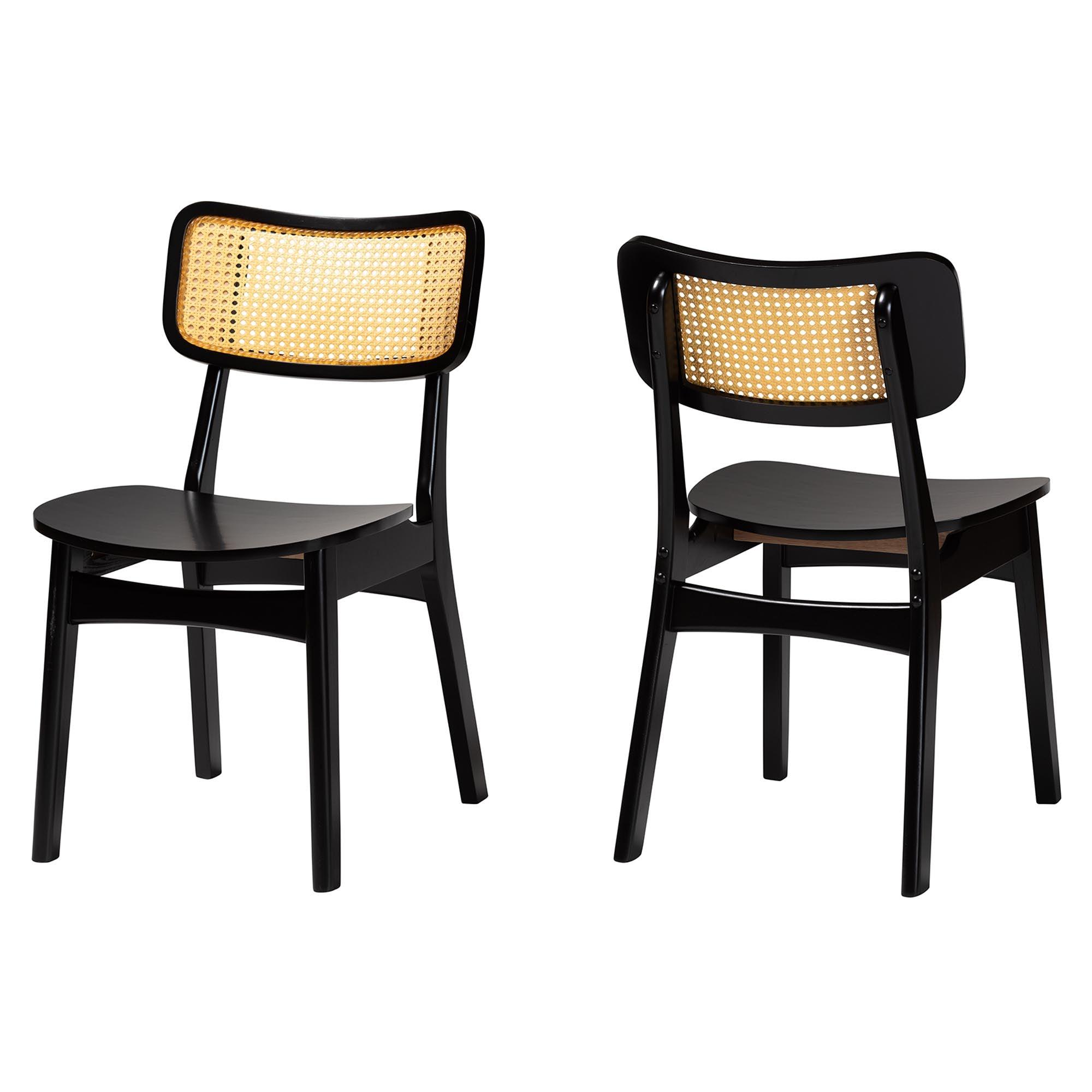 Tafari Mid-Century Modern Finished Wood and Rattan 2-Piece Dining Chair Set