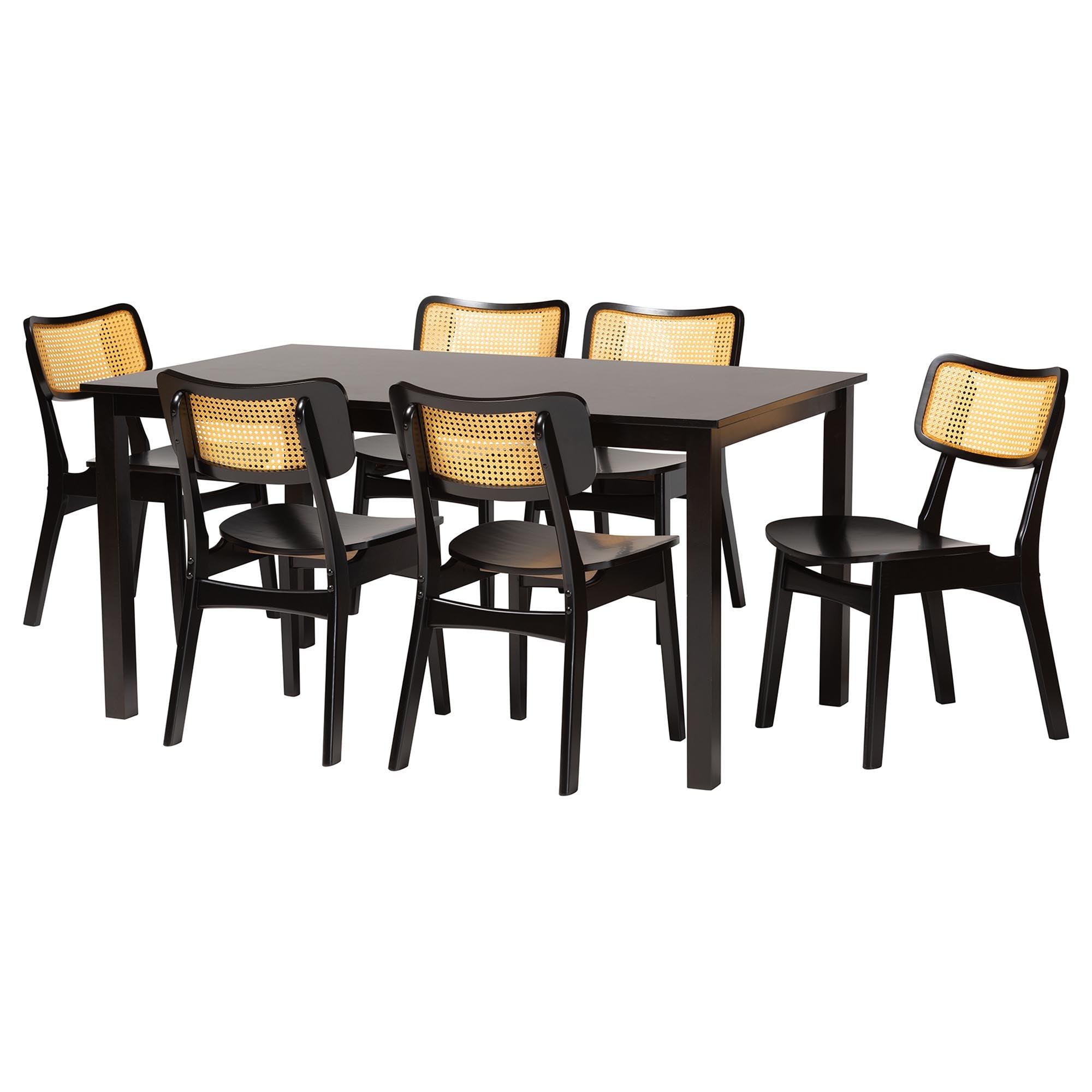 Estera Mid-Century Modern Finished Wood and Rattan 7-Piece Dining Set