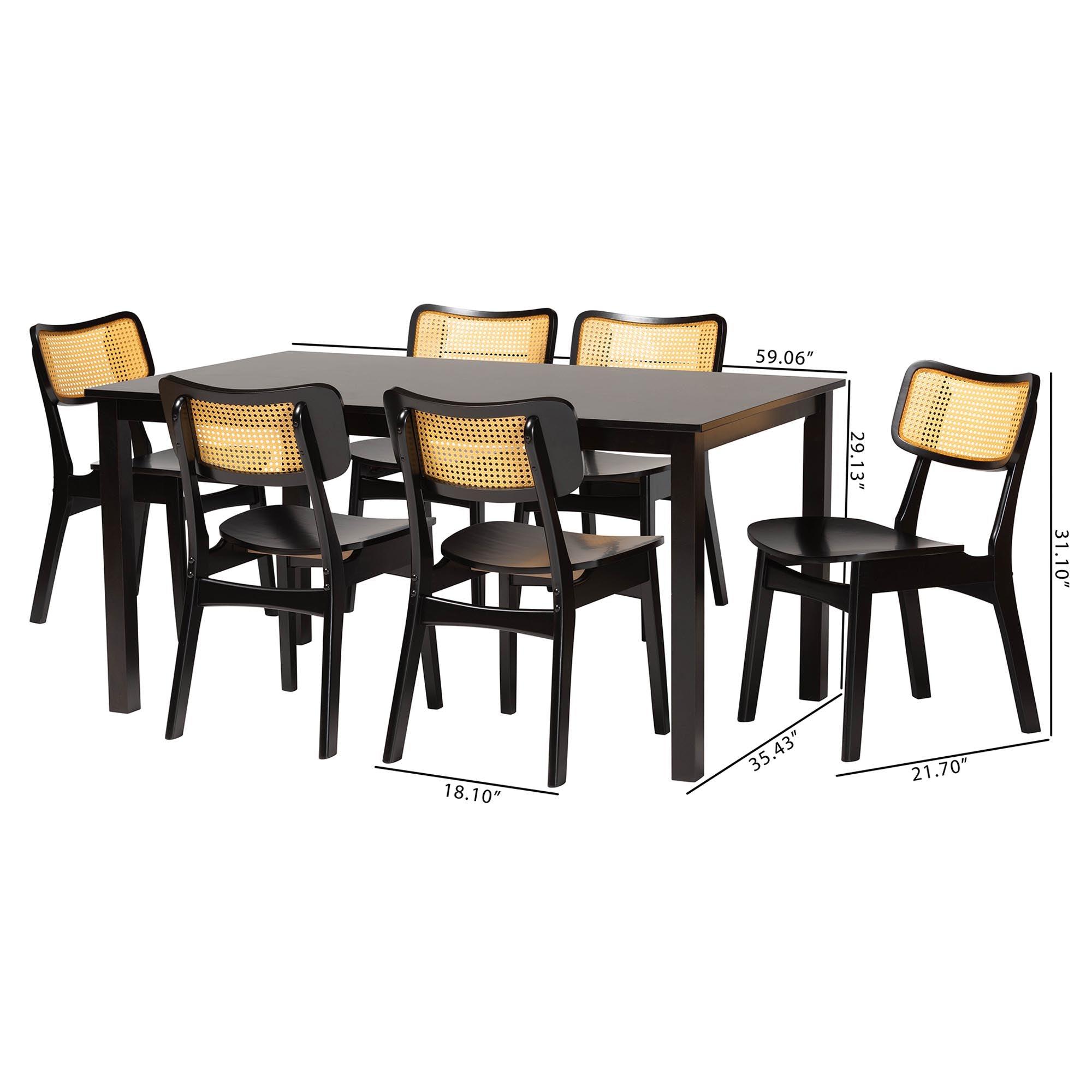 Estera Mid-Century Modern Finished Wood and Rattan 7-Piece Dining Set