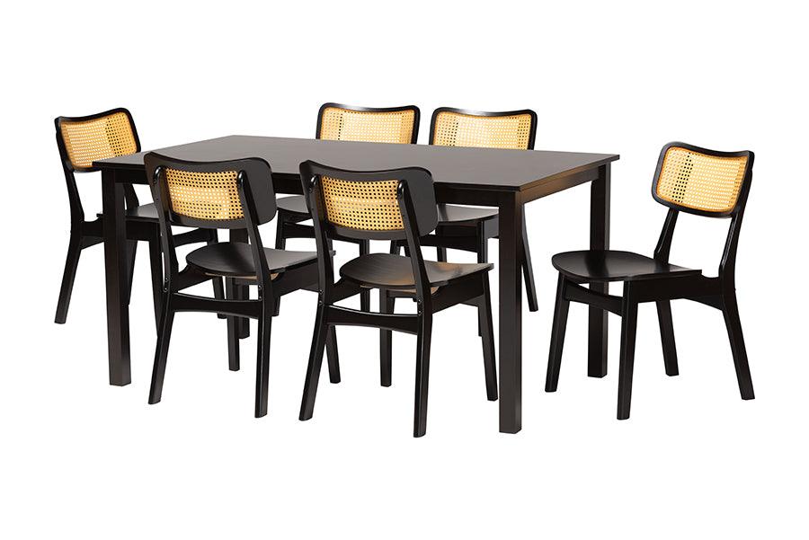 Estera Mid-Century Modern Finished Wood and Rattan 7-Piece Dining Set