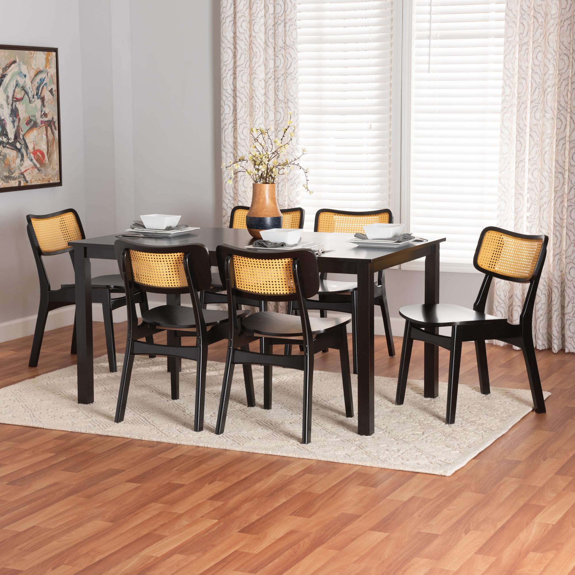 Estera Mid-Century Modern Finished Wood and Rattan 7-Piece Dining Set