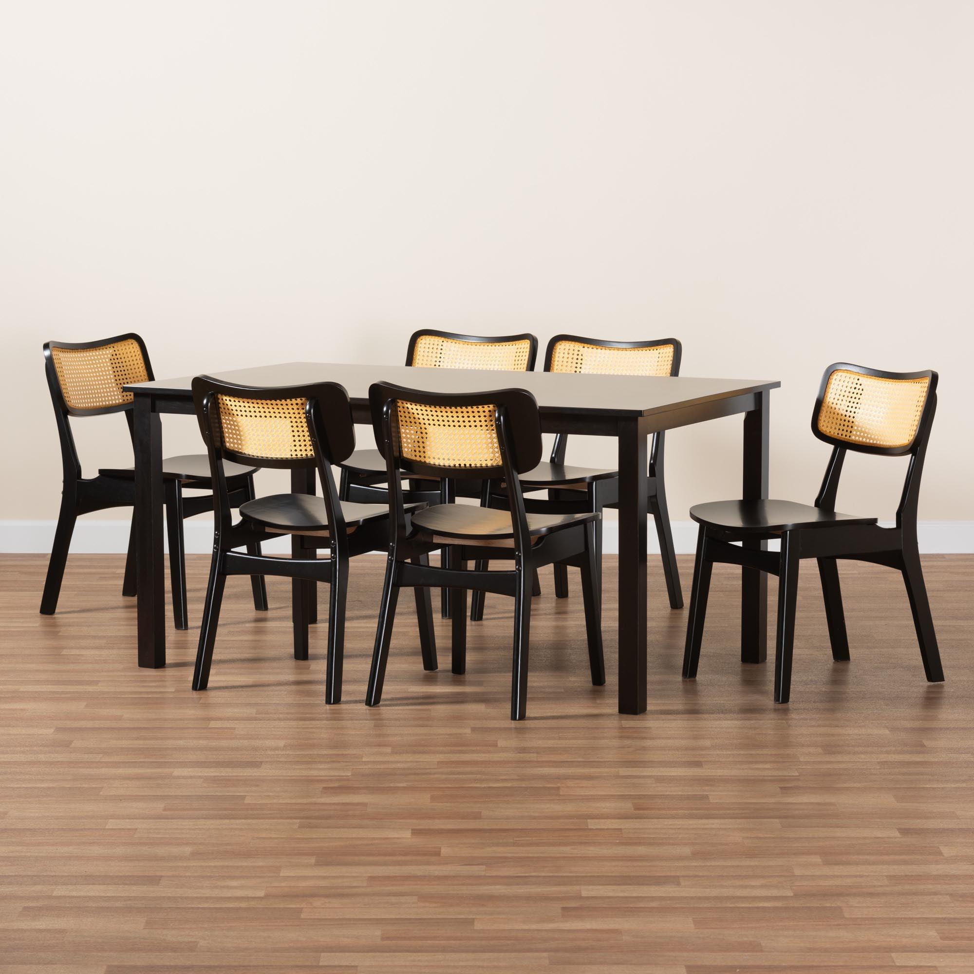 Estera Mid-Century Modern Finished Wood and Rattan 7-Piece Dining Set