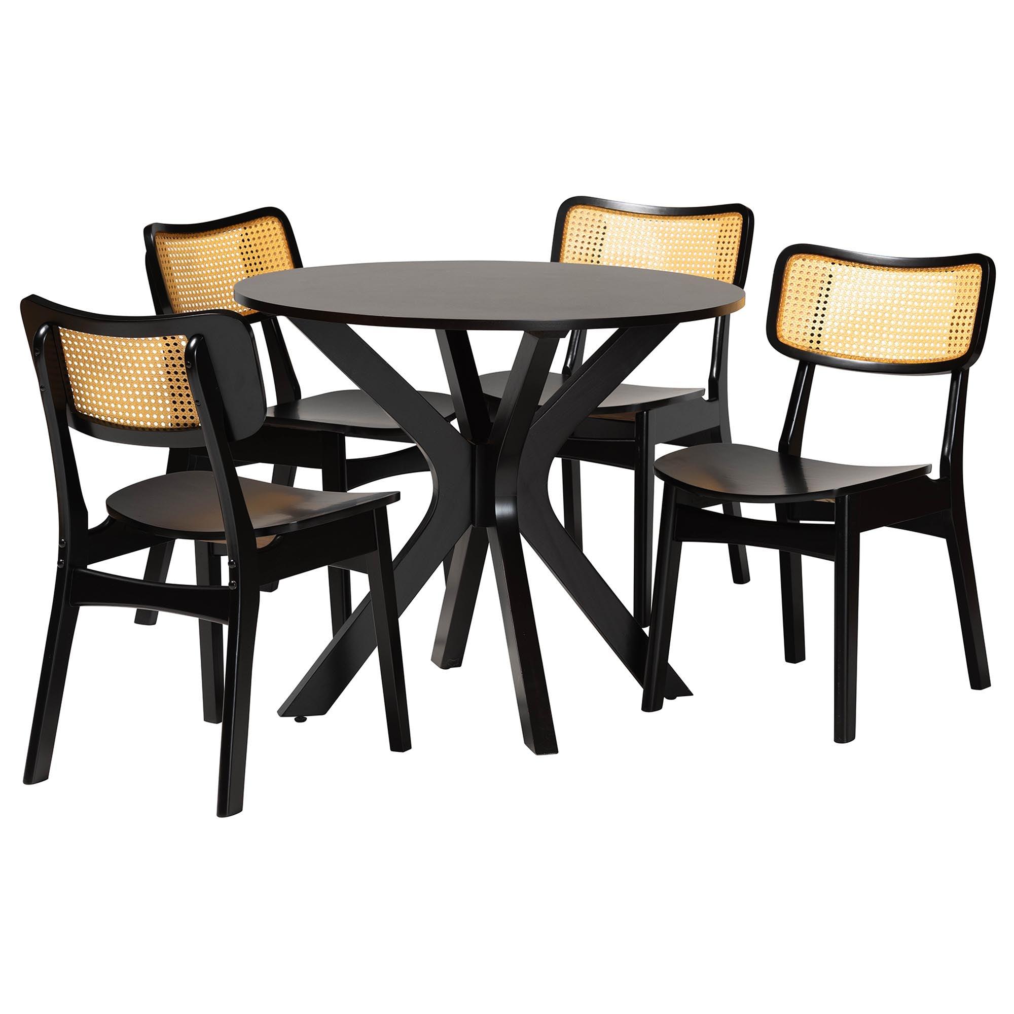 Linnet Mid-Century Modern Finished Wood and Rattan 5-Piece Dining Set