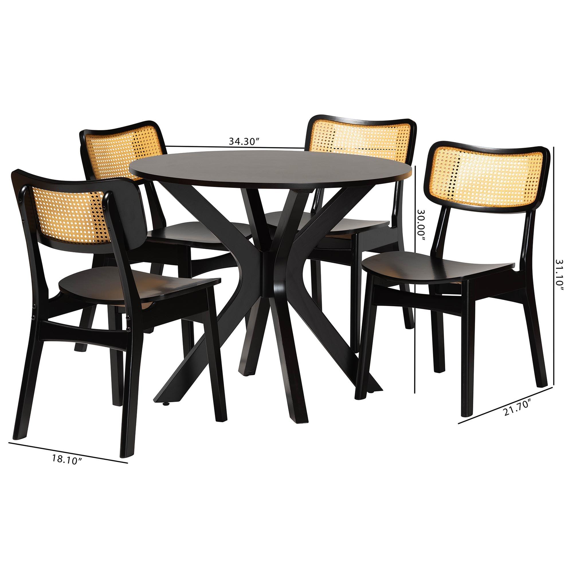 Linnet Mid-Century Modern Finished Wood and Rattan 5-Piece Dining Set