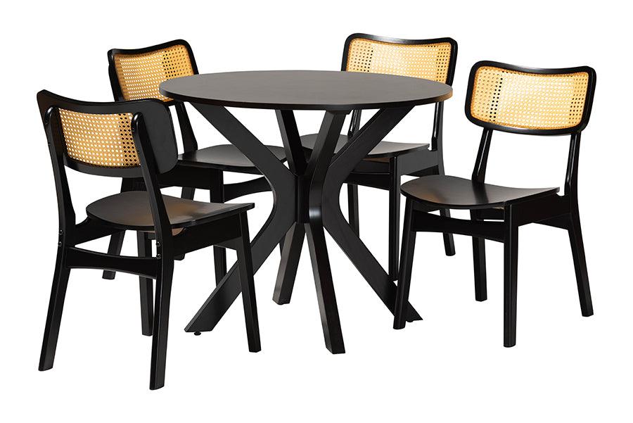 Linnet Mid-Century Modern Finished Wood and Rattan 5-Piece Dining Set