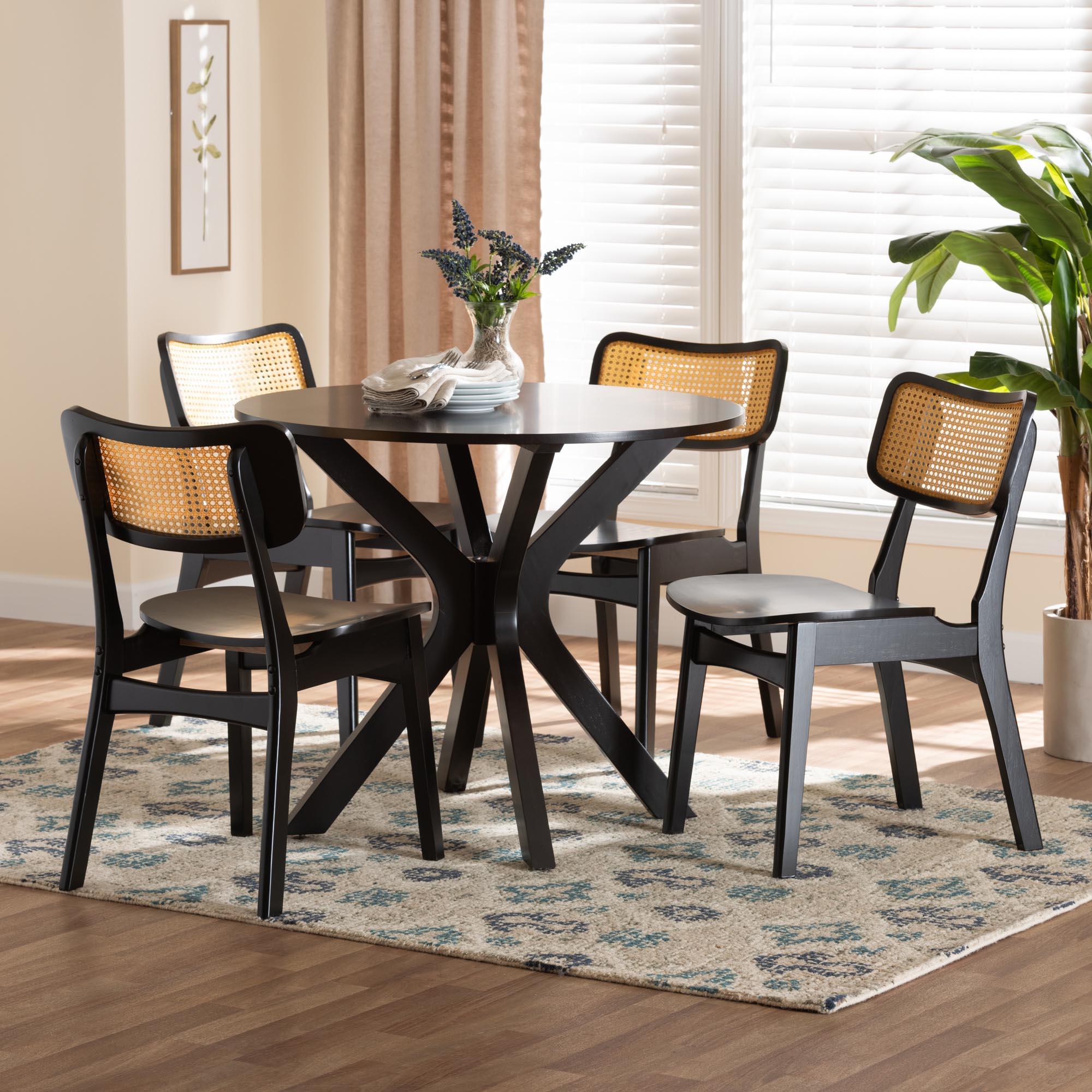 Linnet Mid-Century Modern Finished Wood and Rattan 5-Piece Dining Set