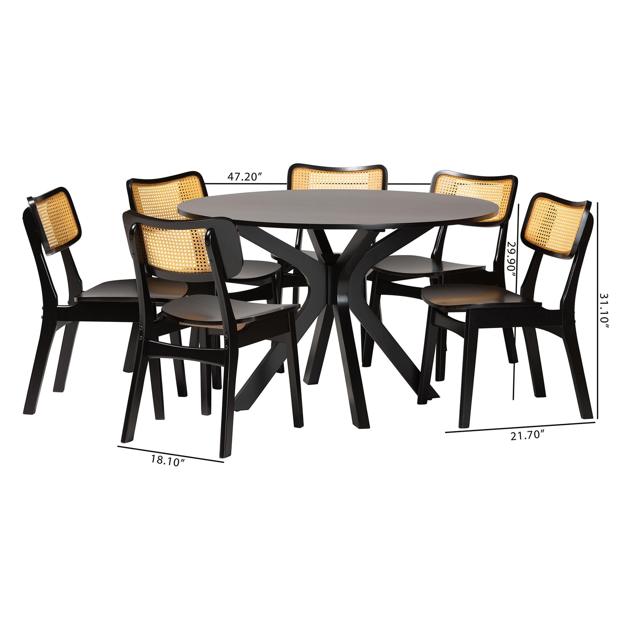 Linnet Mid-Century Modern Finished Wood and Rattan 7-Piece Dining Set