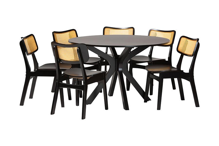 Linnet Mid-Century Modern Finished Wood and Rattan 7-Piece Dining Set