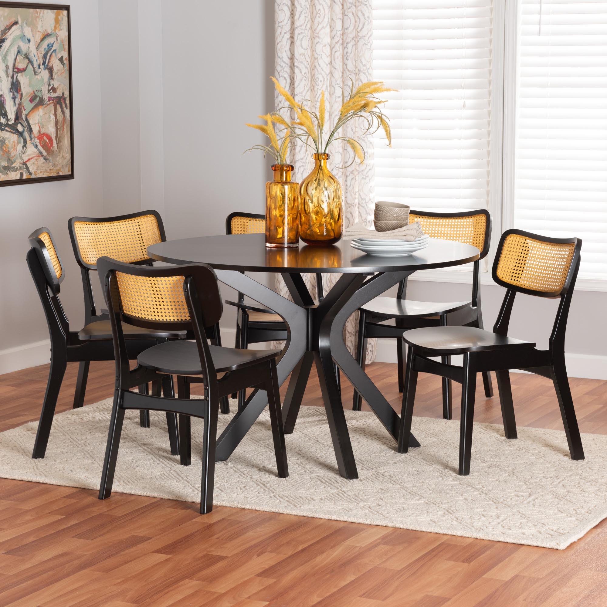 Linnet Mid-Century Modern Finished Wood and Rattan 7-Piece Dining Set