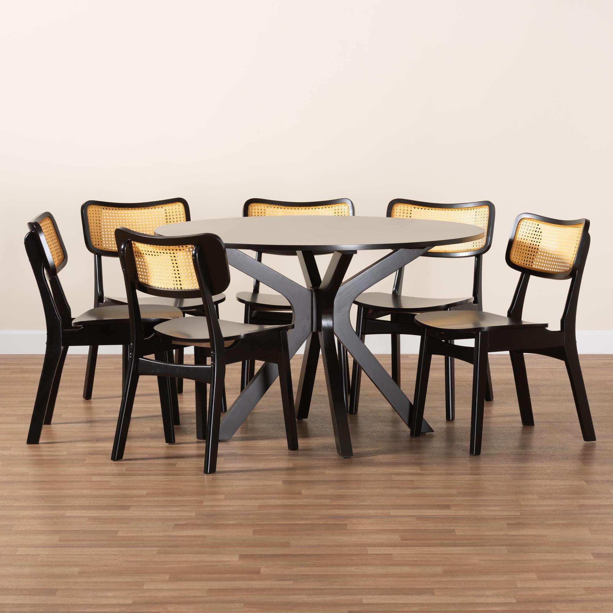 Linnet Mid-Century Modern Finished Wood and Rattan 7-Piece Dining Set