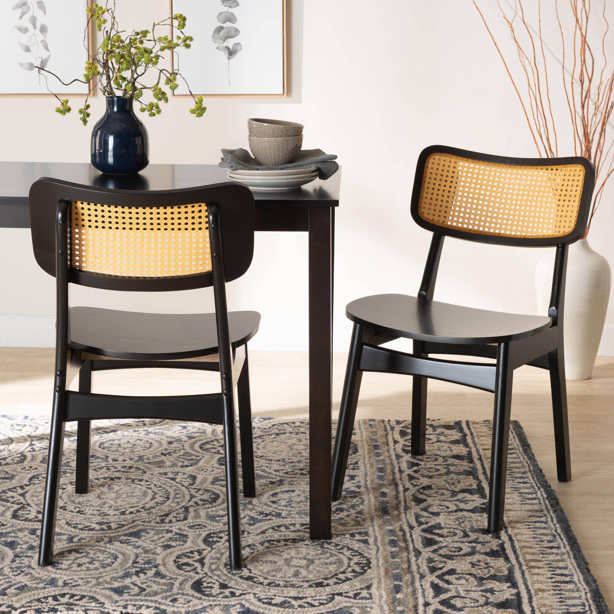 Tafari Mid-Century Modern Finished Wood and Rattan 2-Piece Dining Chair Set