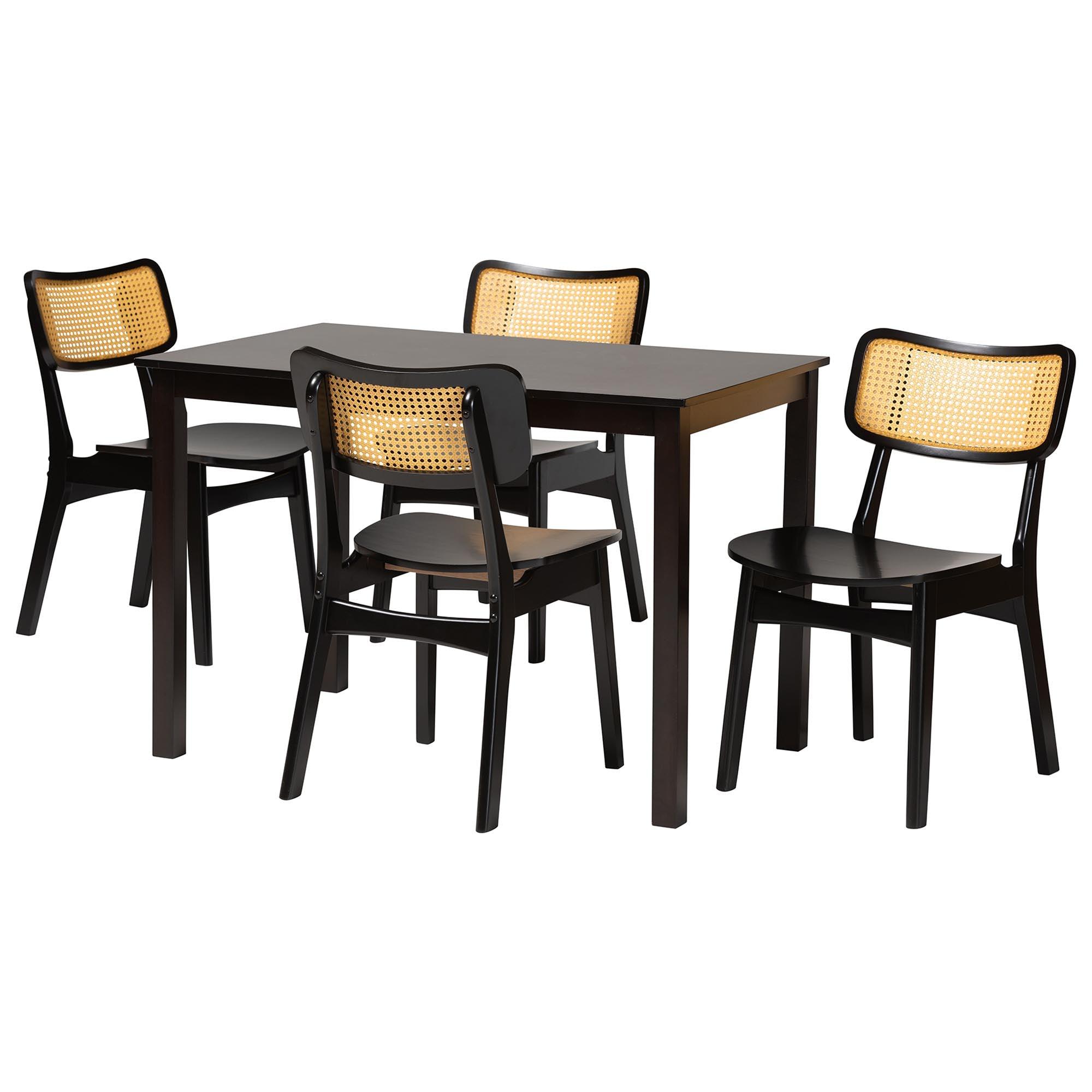 Estera Mid-Century Modern Finished Wood and Rattan 5-Piece Dining Set