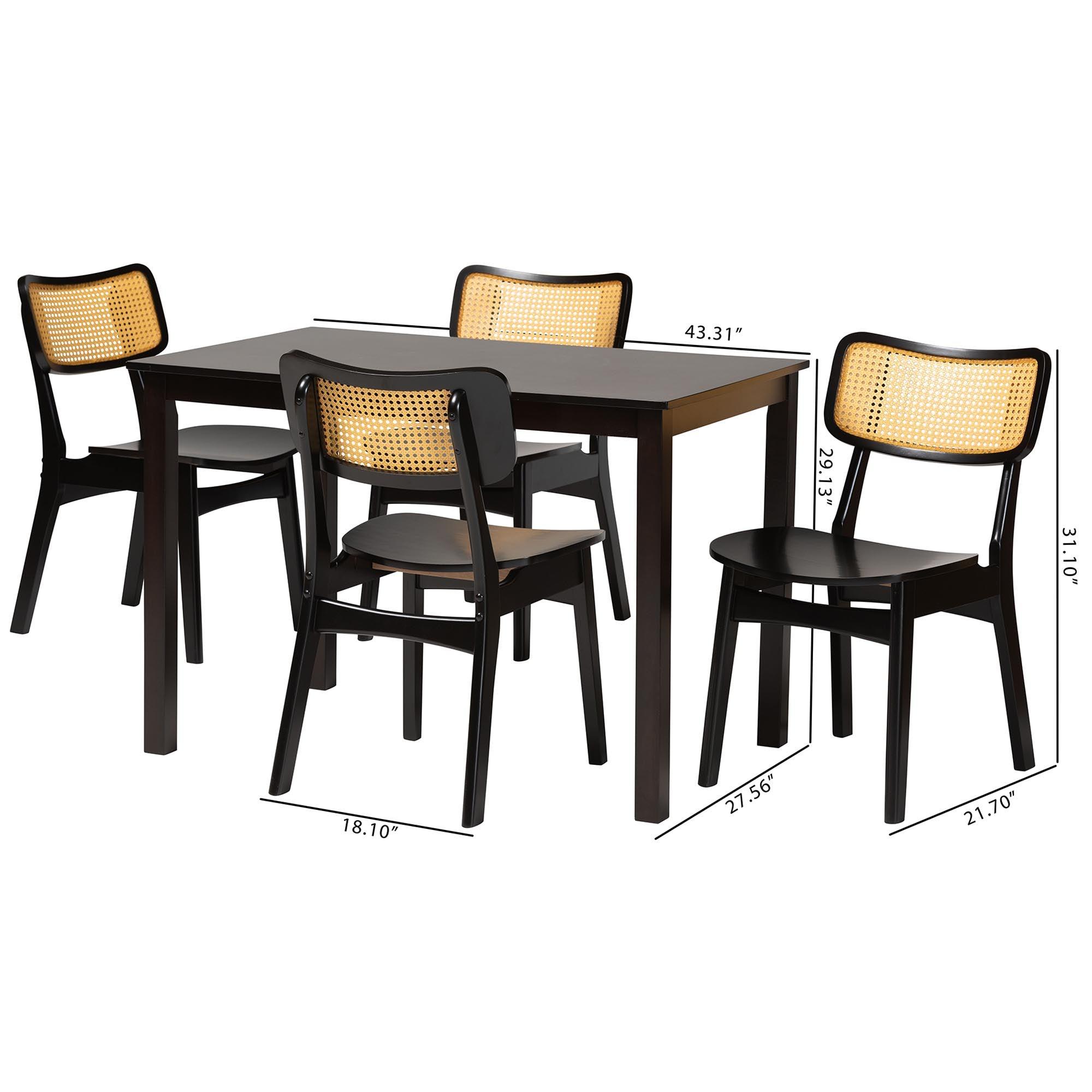 Estera Mid-Century Modern Finished Wood and Rattan 5-Piece Dining Set