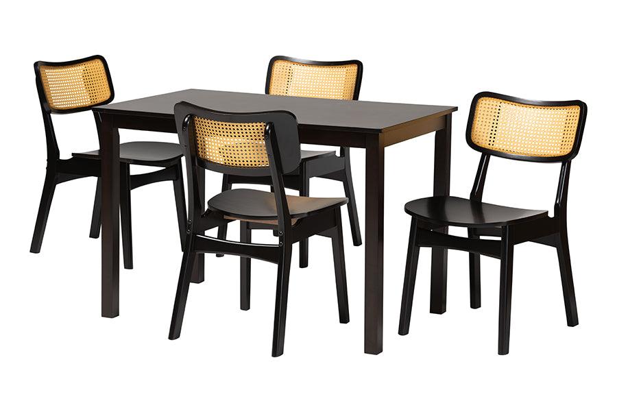 Estera Mid-Century Modern Finished Wood and Rattan 5-Piece Dining Set