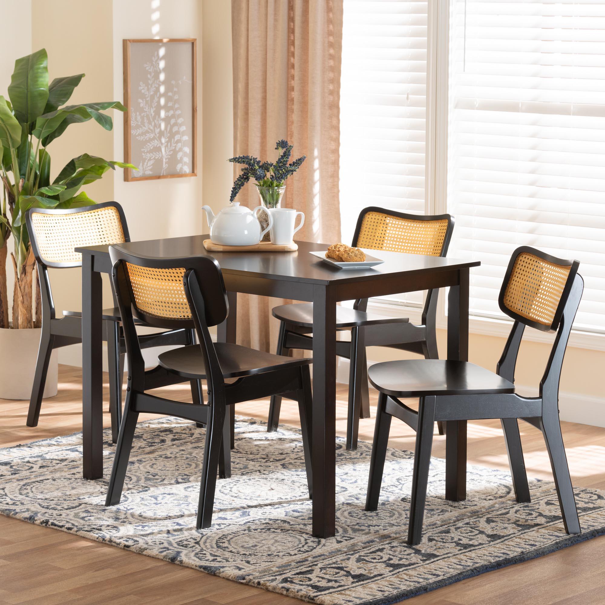 Estera Mid-Century Modern Finished Wood and Rattan 5-Piece Dining Set