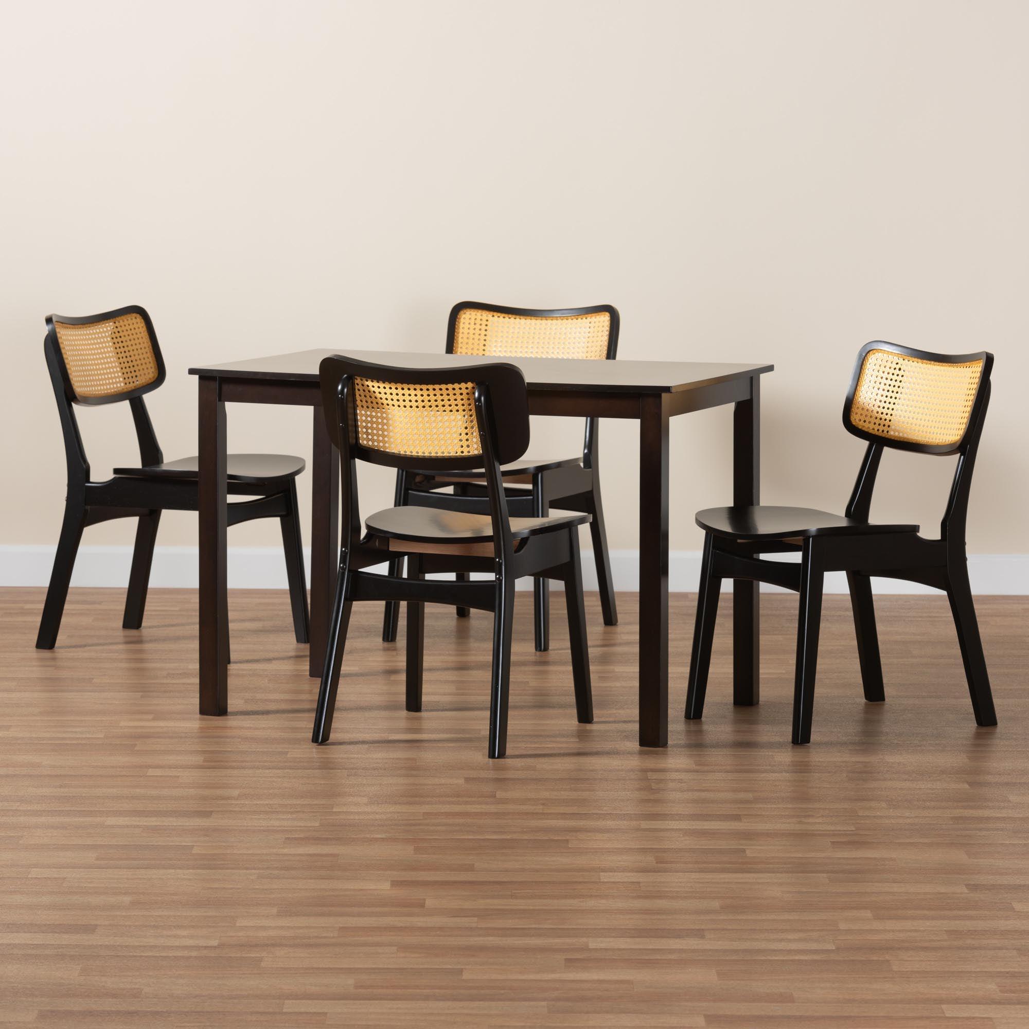 Estera Mid-Century Modern Finished Wood and Rattan 5-Piece Dining Set